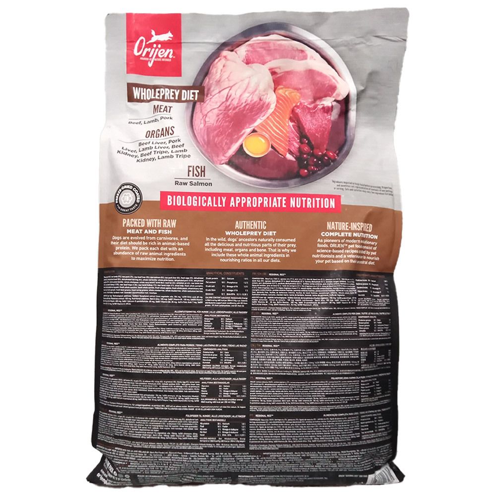 Rückseite des Orijen Regional Red Hundefutterbeutels (6kg). Zeigt Fleisch-, Organ- und Fischzutaten.