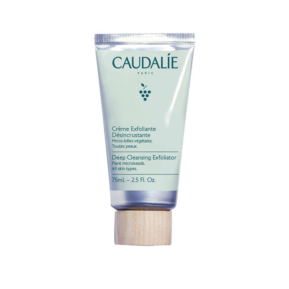 Tube de gommage facial CAUDALÍE. Texte: Crème Exfoliante Désincrustante. Bouchon en bois. 75ml.