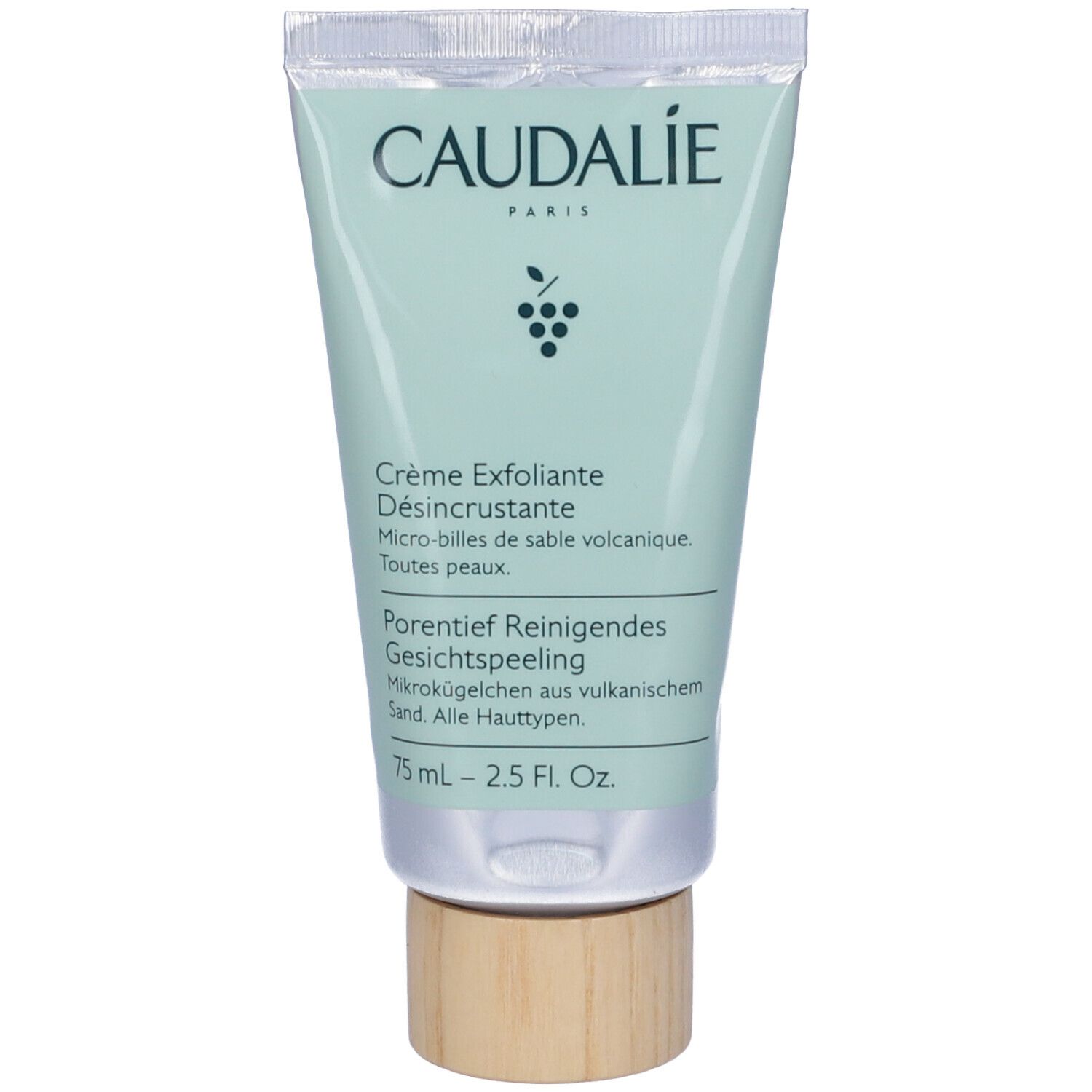 Tube de gommage facial CAUDALÍE. Texte: Porentief Reinigendes Gesichtspeeling. 75ml.