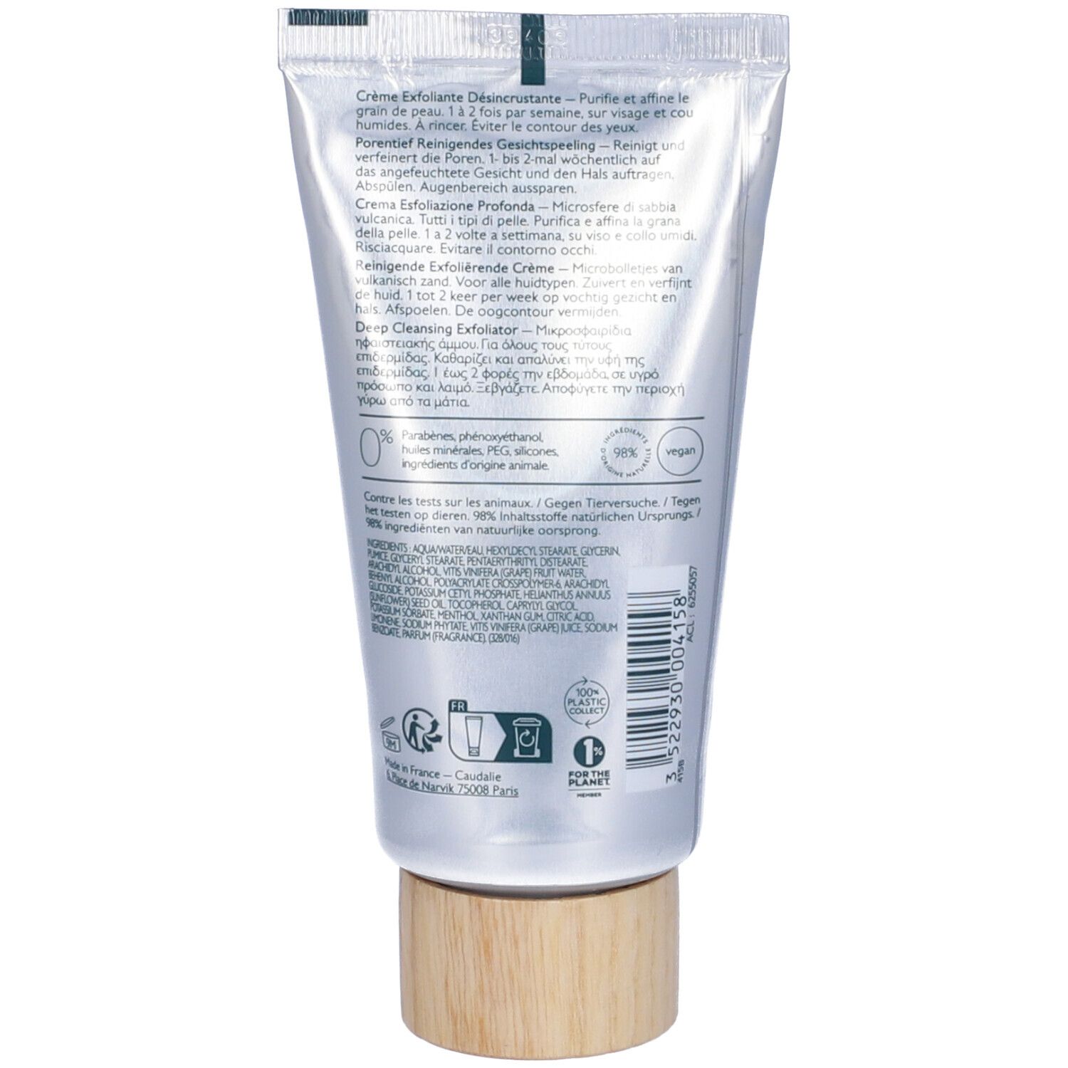 Dos du tube de gommage facial. Texte multilingue. Bouchon en bois. Label vegan.