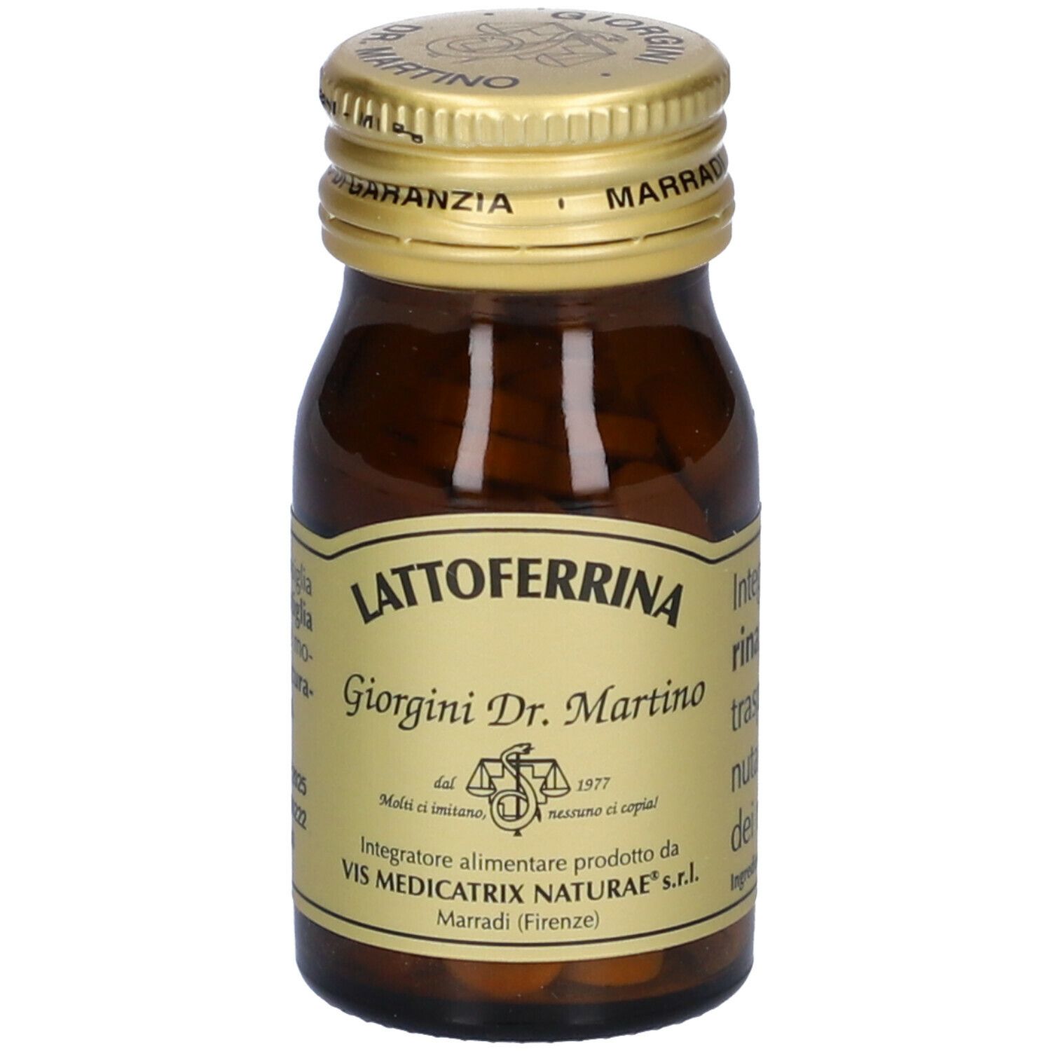Braune Glasflasche mit goldfarbenem Deckel. Aufschrift: Lattoferrina, Giorgini Dr. Martino. Enthält Tabletten.