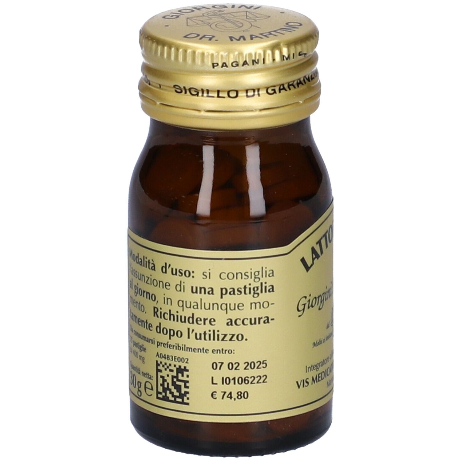 Braune Glasflasche mit goldfarbenem Deckel. Aufschrift: Lattoferrina, Giorgini Dr. Martino. Enthält Tabletten. Etikett mit Text.