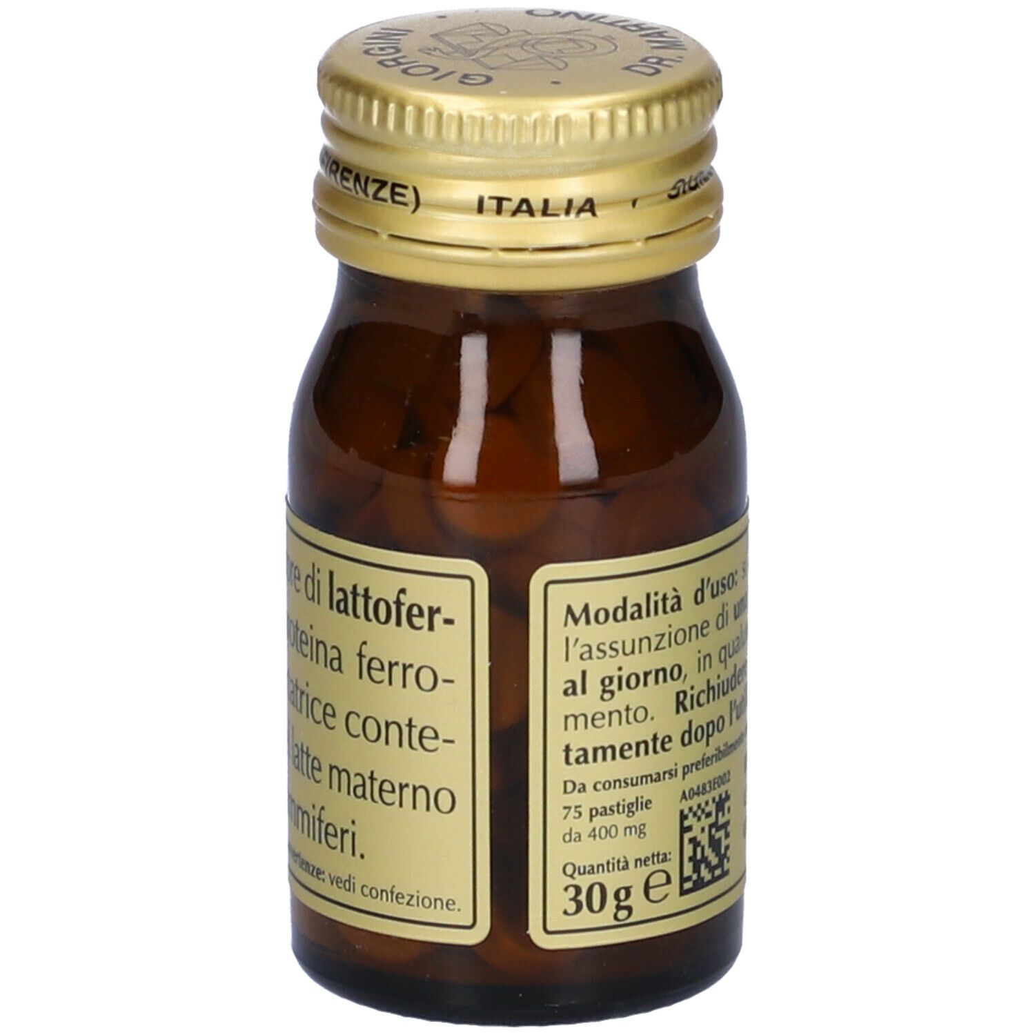 Braune Glasflasche mit goldfarbenem Deckel. Aufschrift: Lattoferrina. Enthält Tabletten. Etikett mit Text und 30g.