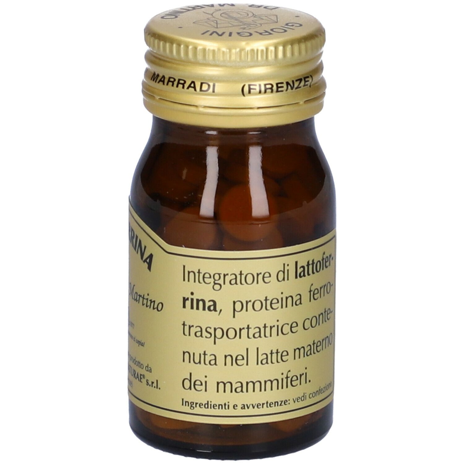 Braune Glasflasche mit goldfarbenem Deckel. Aufschrift: Lattoferrina, Giorgini Dr. Martino. Enthält Tabletten. Etikett mit Text.