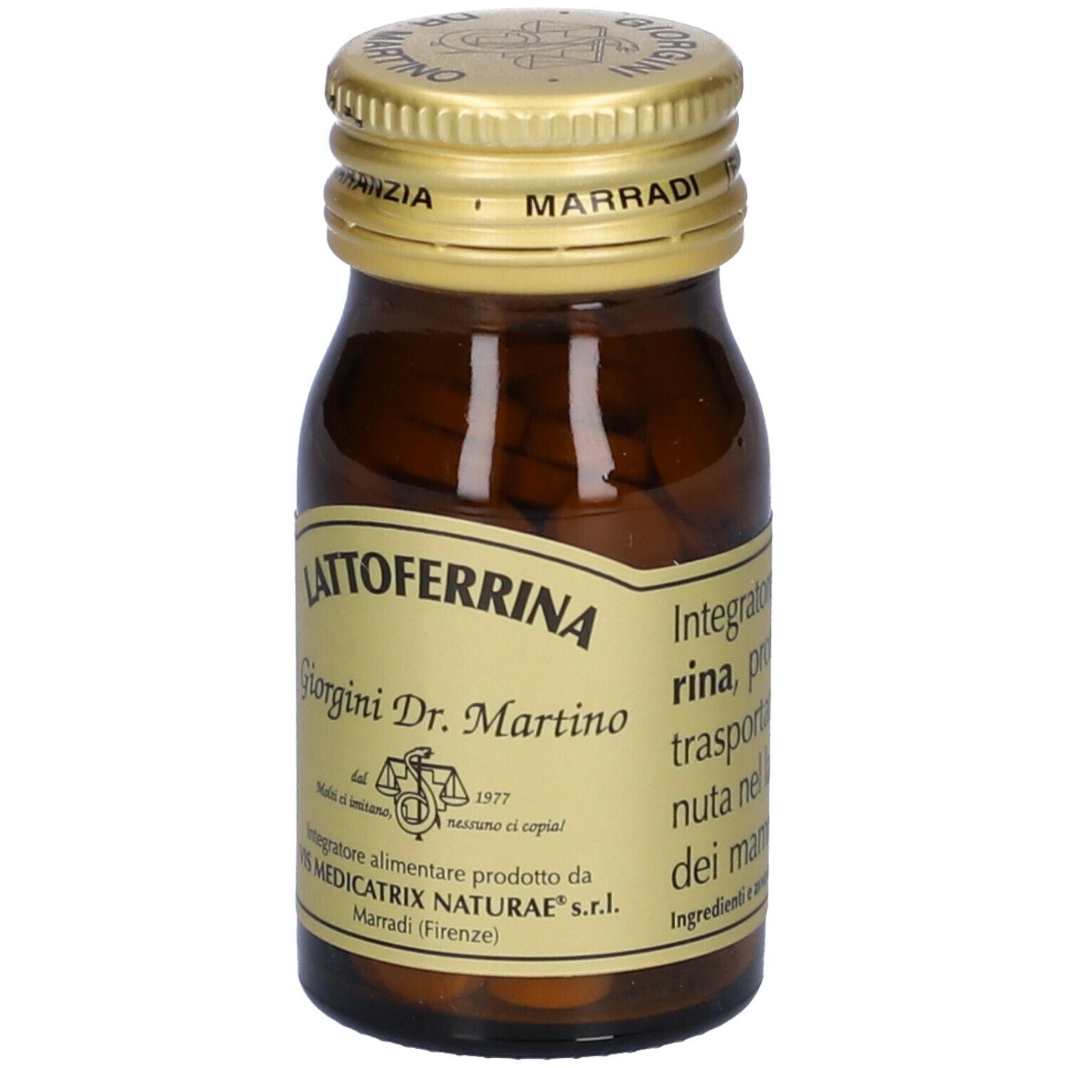 Braune Glasflasche mit goldfarbenem Deckel. Aufschrift: Lattoferrina, Giorgini Dr. Martino. Enthält Tabletten.