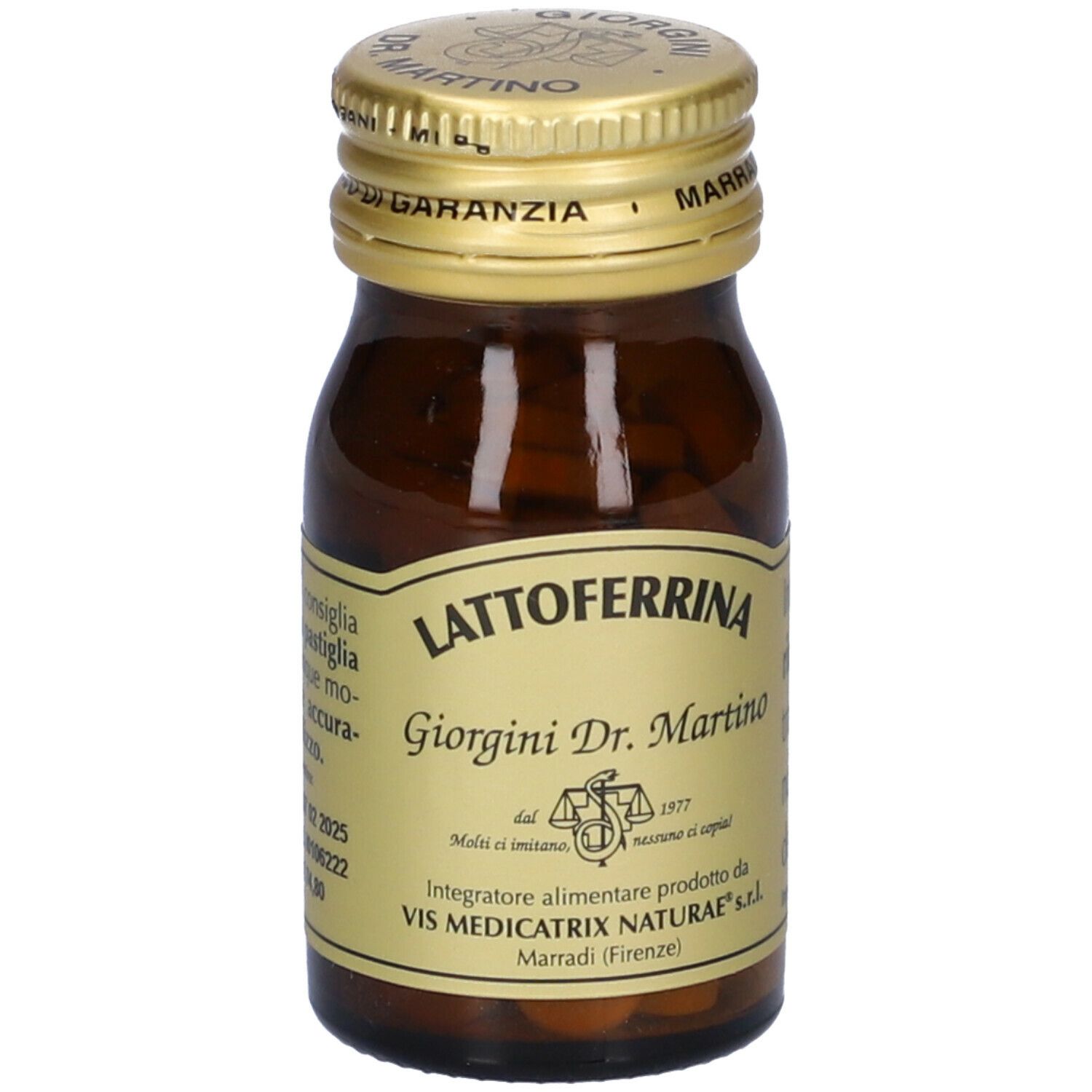 Braune Glasflasche mit goldfarbenem Deckel. Aufschrift: Lattoferrina, Giorgini Dr. Martino. Enthält Tabletten. Etikett mit Text.