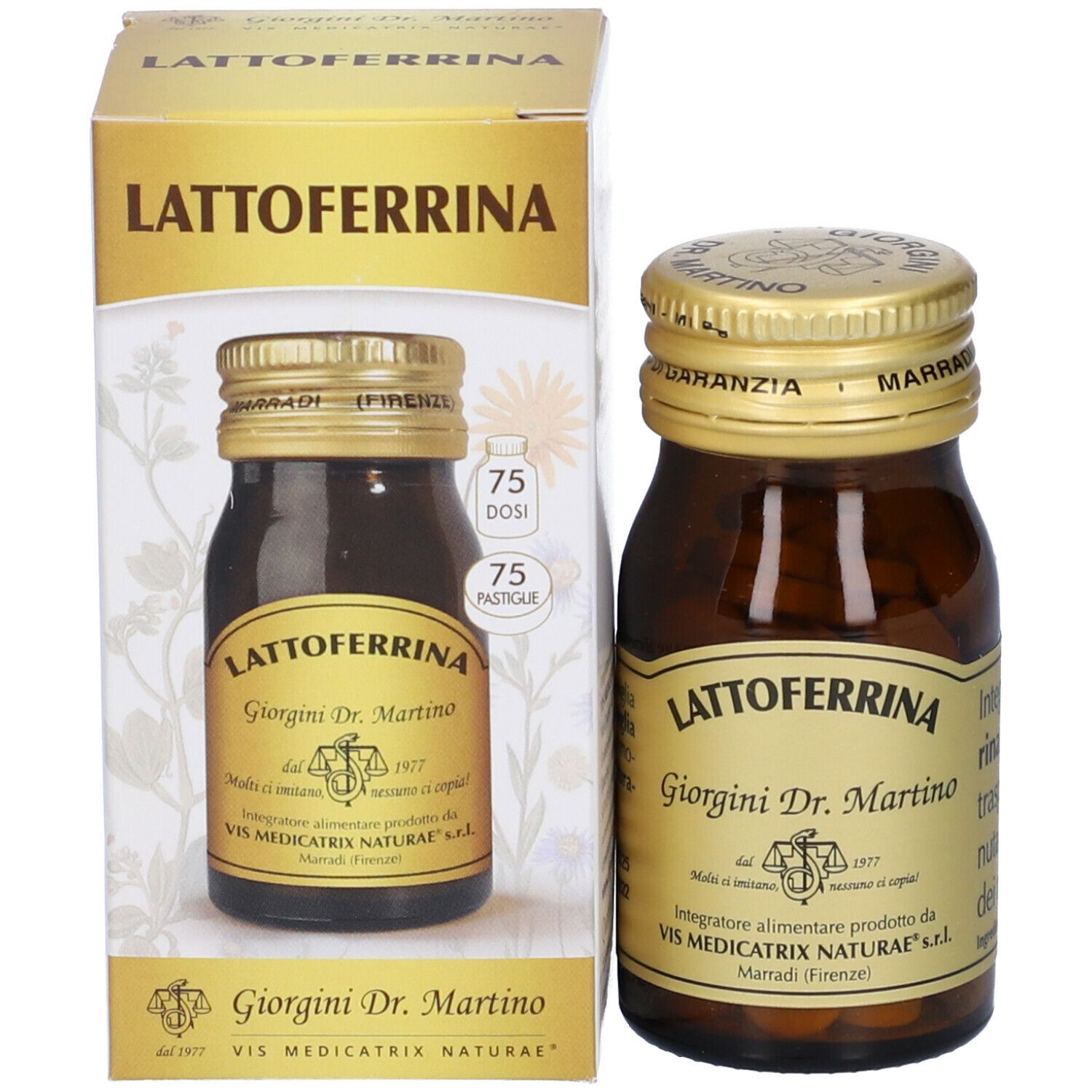Produktverpackung mit Flasche und Karton. Aufschrift: Lattoferrina, Giorgini Dr. Martino. Enthält 75 Tabletten.