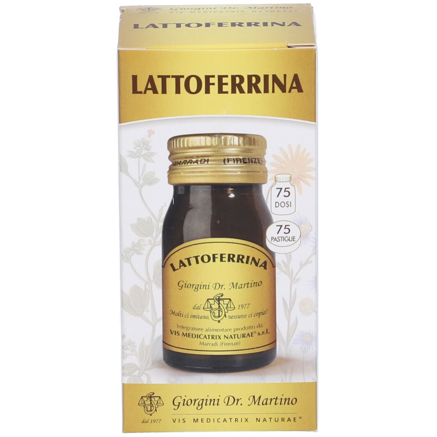 Produktverpackung mit Flasche und Karton. Aufschrift: Lattoferrina, Giorgini Dr. Martino. Enthält 75 Tabletten.