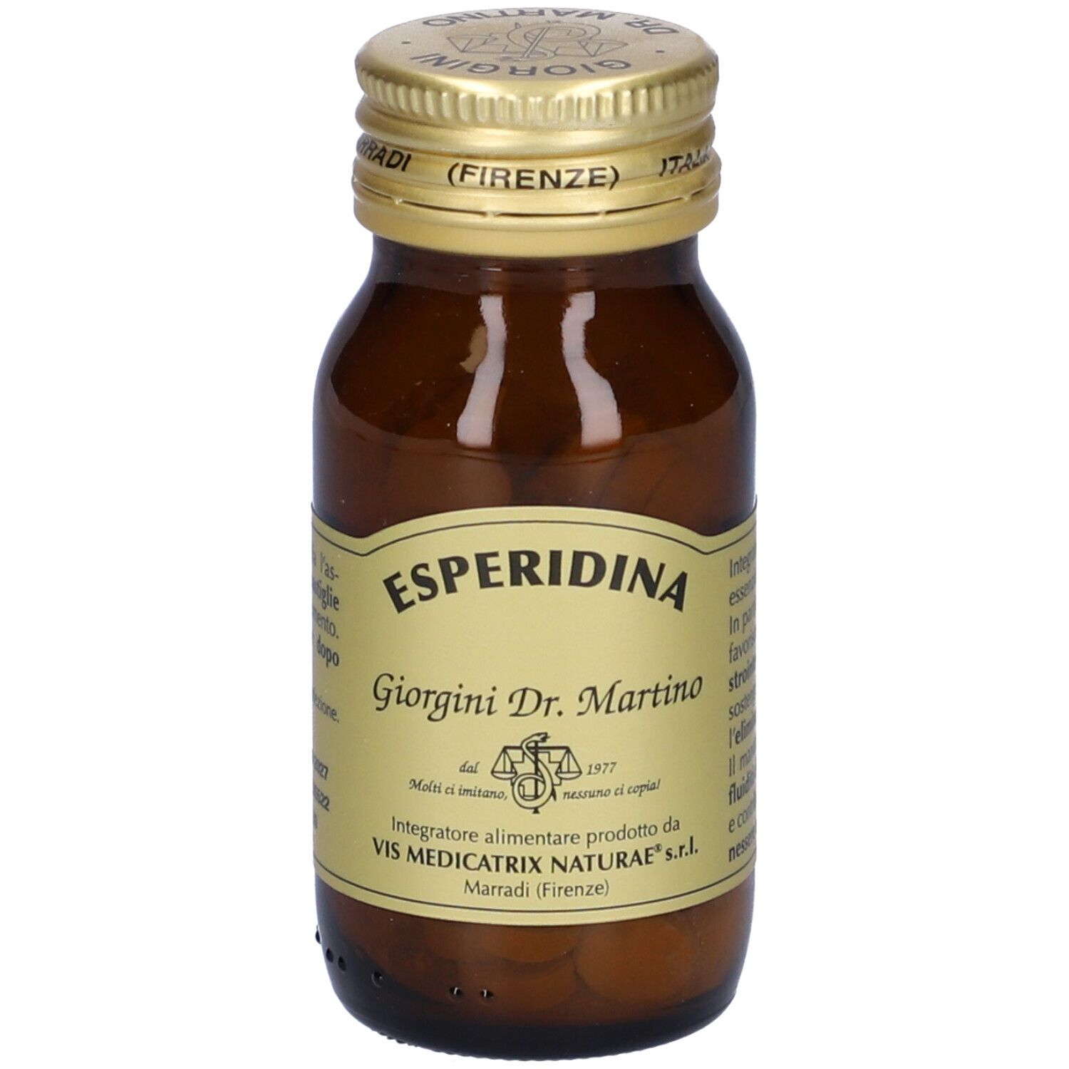 Braune Glasflasche mit goldfarbenem Deckel. Auf dem Etikett steht Esperidina, Giorgini Dr. Martino. Flasche enthält Tabletten.