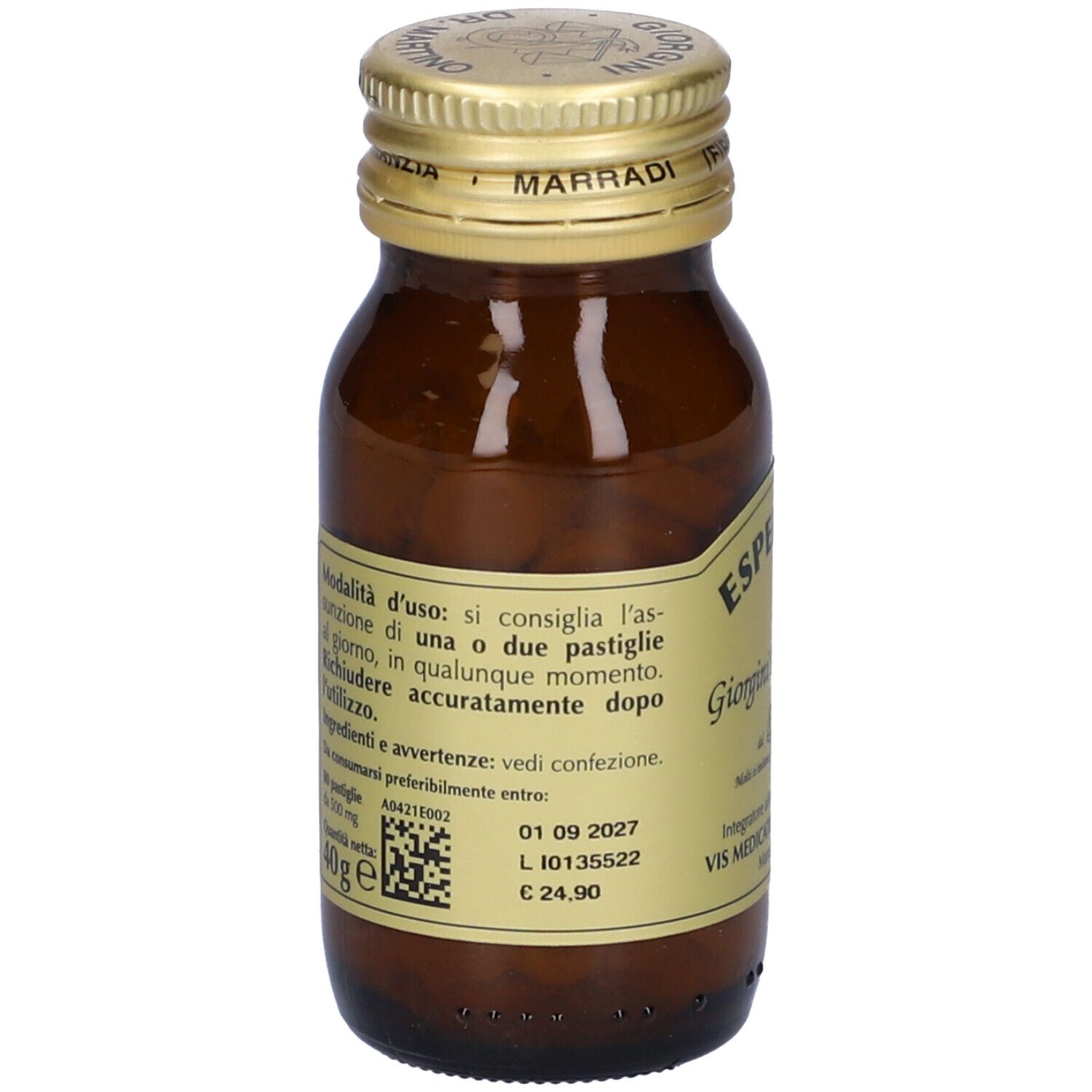 Braune Glasflasche mit goldfarbenem Deckel. Auf dem Etikett steht Esperidina, Giorgini Dr. Martino. Rückseite mit Text und QR-Code.