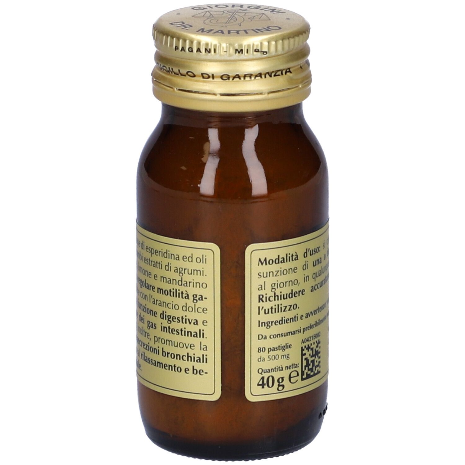 Braune Glasflasche mit goldfarbenem Deckel. Auf dem Etikett steht Esperidina, Giorgini Dr. Martino. Rückseite mit Text.