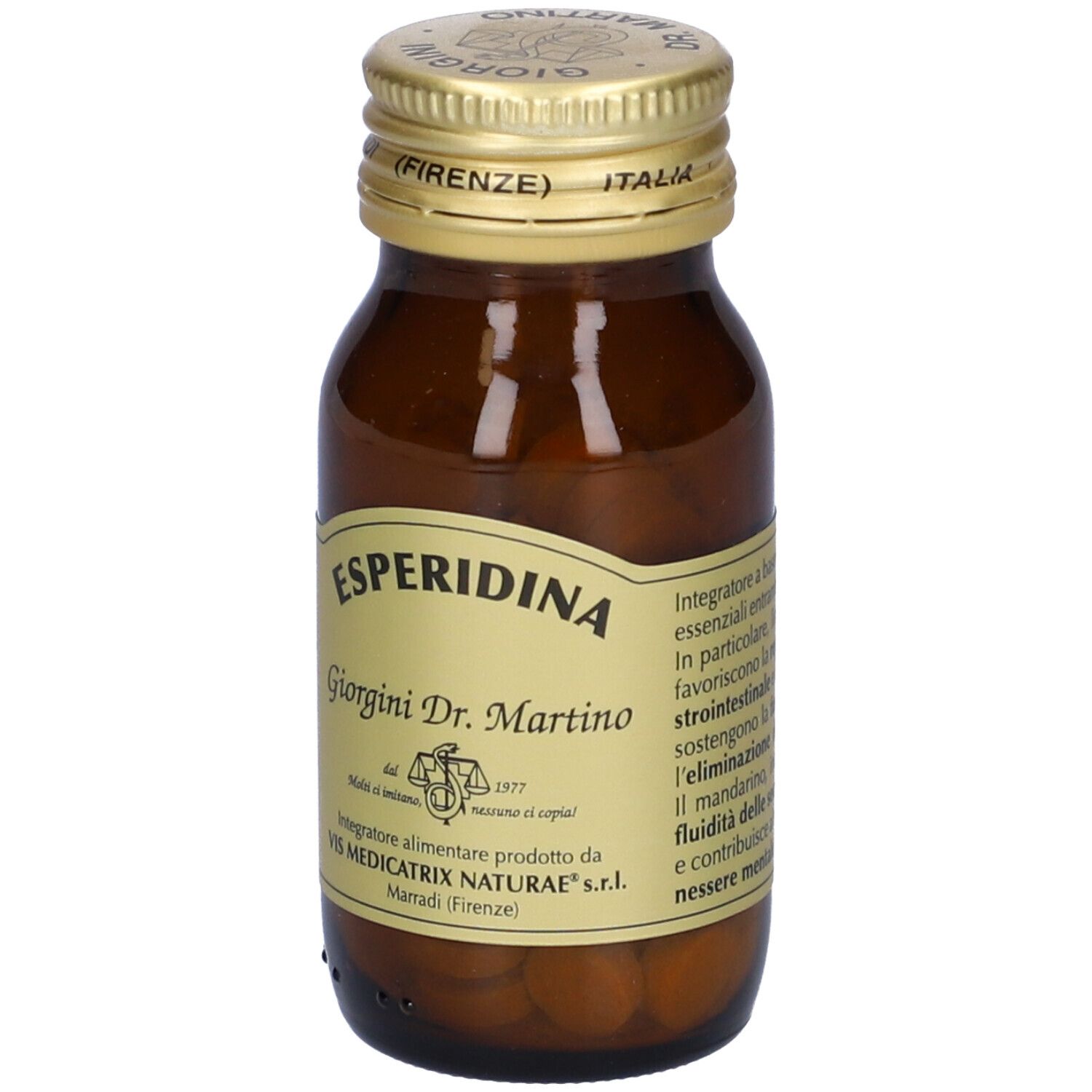 Braune Glasflasche mit goldfarbenem Deckel. Auf dem Etikett steht Esperidina, Giorgini Dr. Martino. Rückseite mit Text.