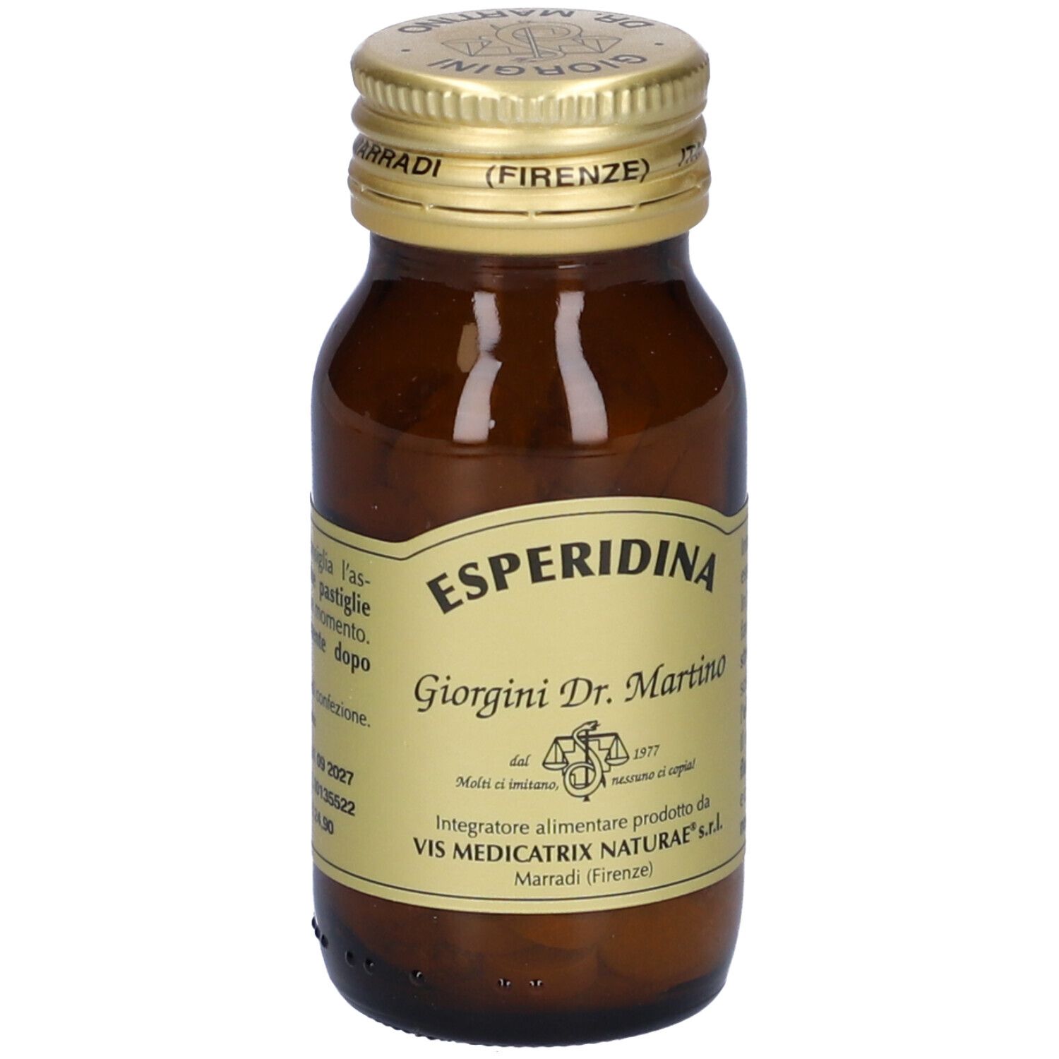 Braune Glasflasche mit goldfarbenem Deckel. Auf dem Etikett steht Esperidina, Giorgini Dr. Martino. Rückseite mit Text.