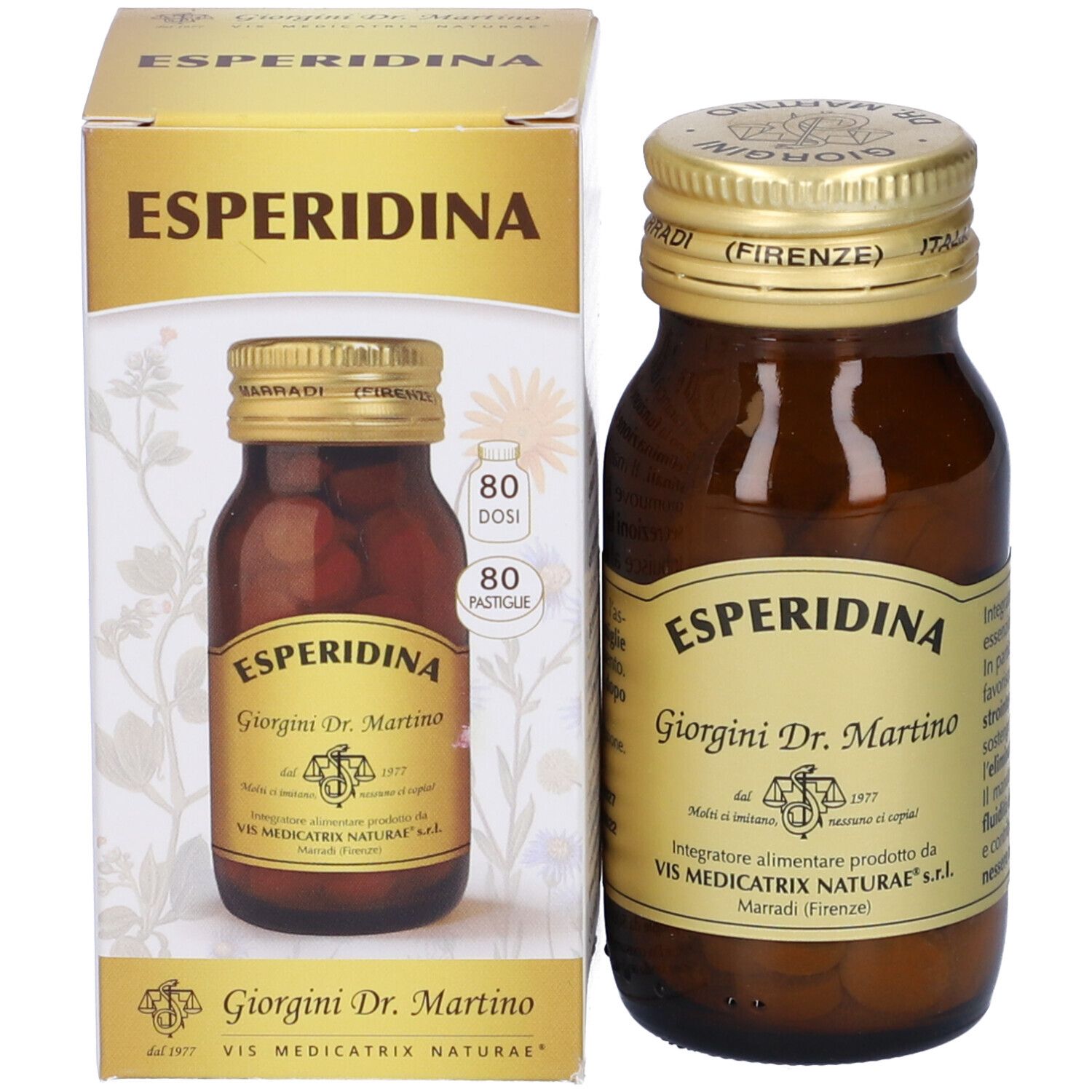 Braune Glasflasche mit goldfarbenem Deckel und Karton. Auf dem Etikett steht Esperidina, Giorgini Dr. Martino, 80 Tabletten.