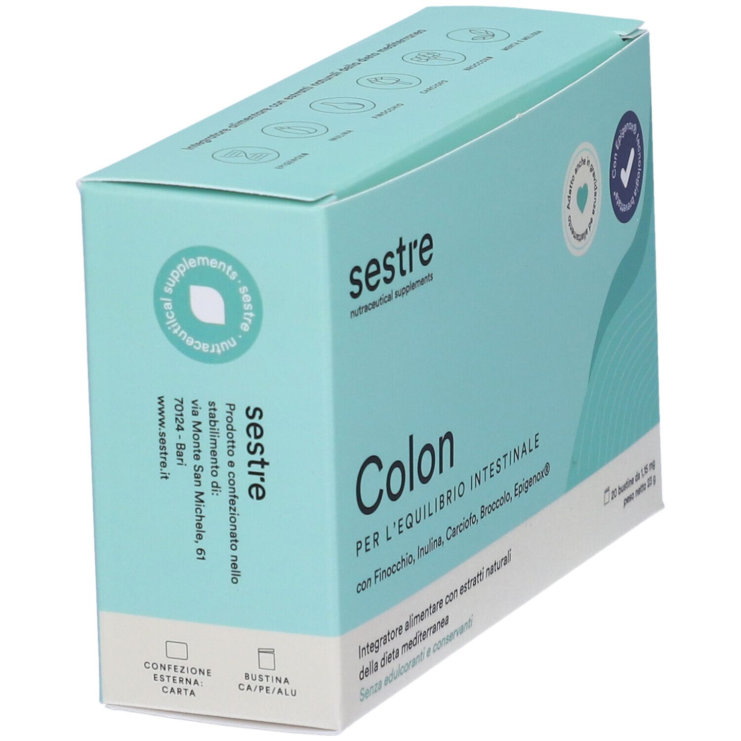 Boîte bleu clair 'sestre Colon'. Vue latérale avec texte et logo. Contient 20 sachets.