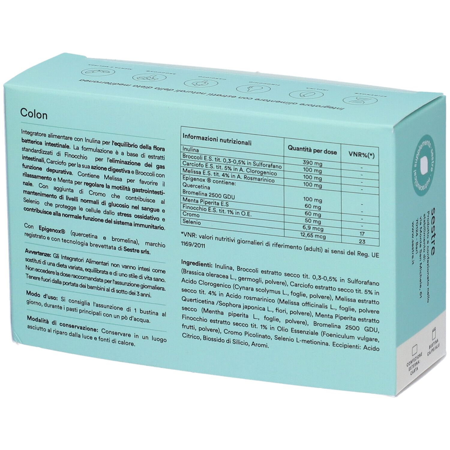 Dos de la boîte bleu clair 'sestre Colon'. Contient informations nutritionnelles et ingrédients.