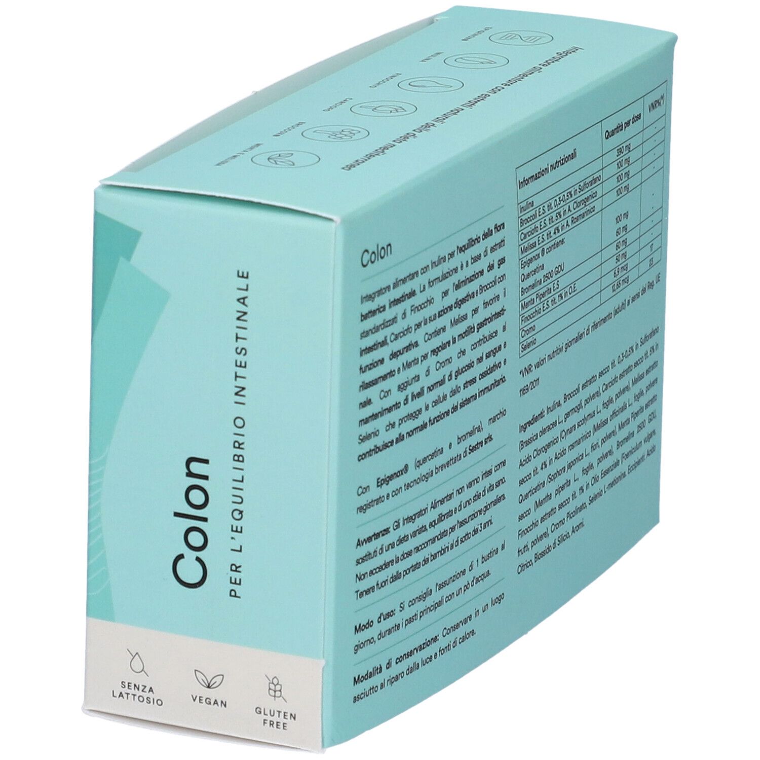 Boîte bleu clair 'sestre Colon'. Contient texte et informations nutritionnelles. Sans gluten, vegan.