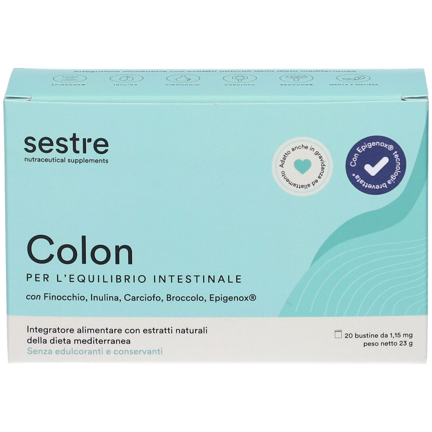 Boîte bleu clair 'sestre Colon'. Contient 20 sachets. Avec technologie Epigenox.