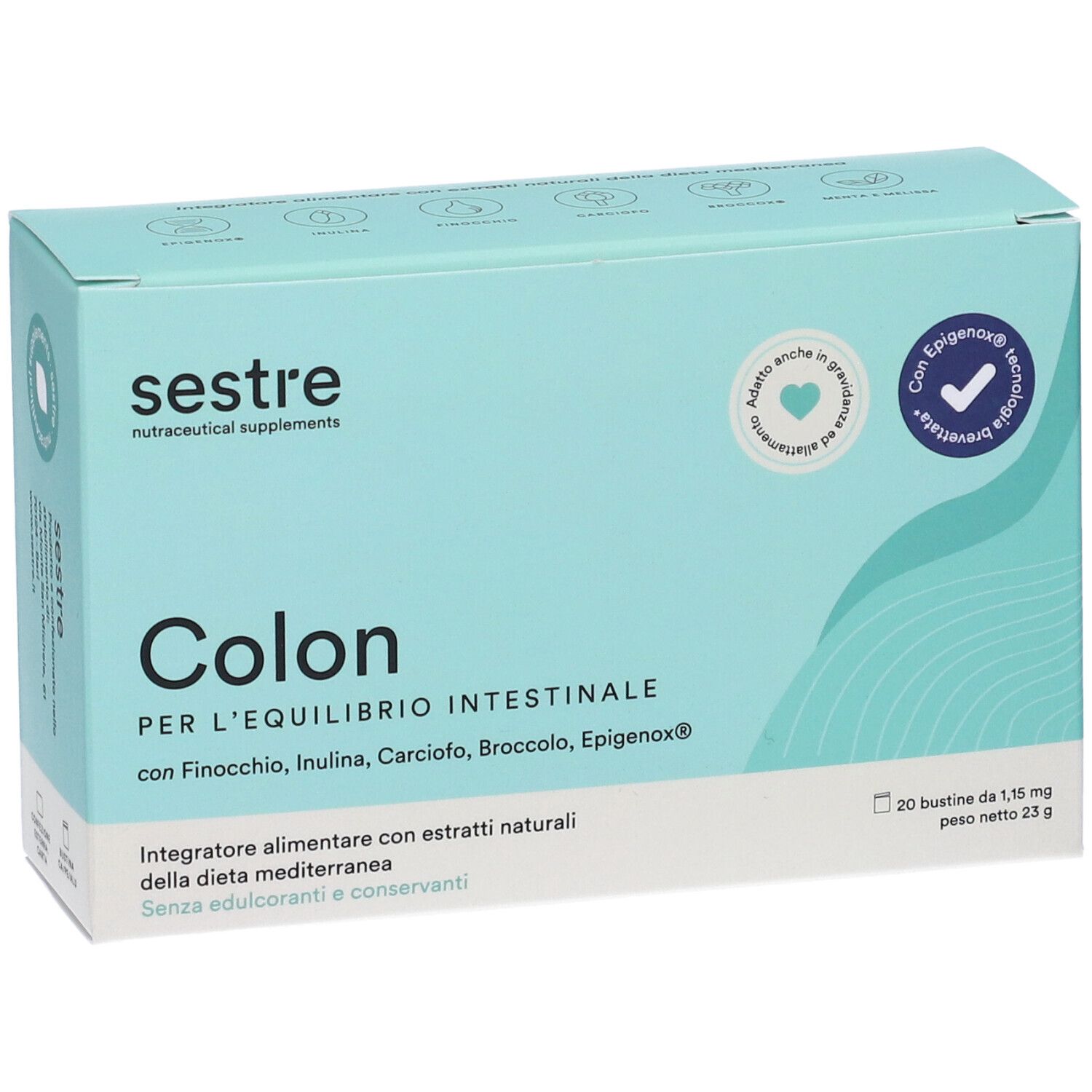 Boîte bleu clair 'sestre Colon'. Contient 20 sachets. Avec technologie Epigenox.