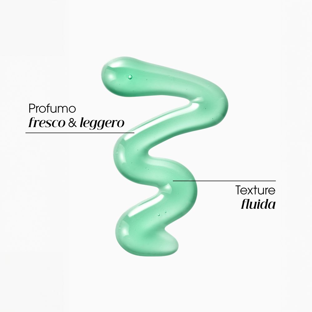 Türkisfarbene Shampoo-Textur in Wellenform. Beschriftung: Profumo fresco & leggero, Texture fluida.