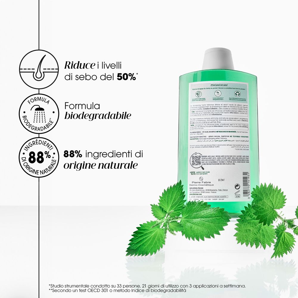 Rückseite einer Shampoo-Flasche. Illustrationen: Haare, Formel biologisch abbaubar, 88% Inhaltsstoffe natürlichen Ursprungs.