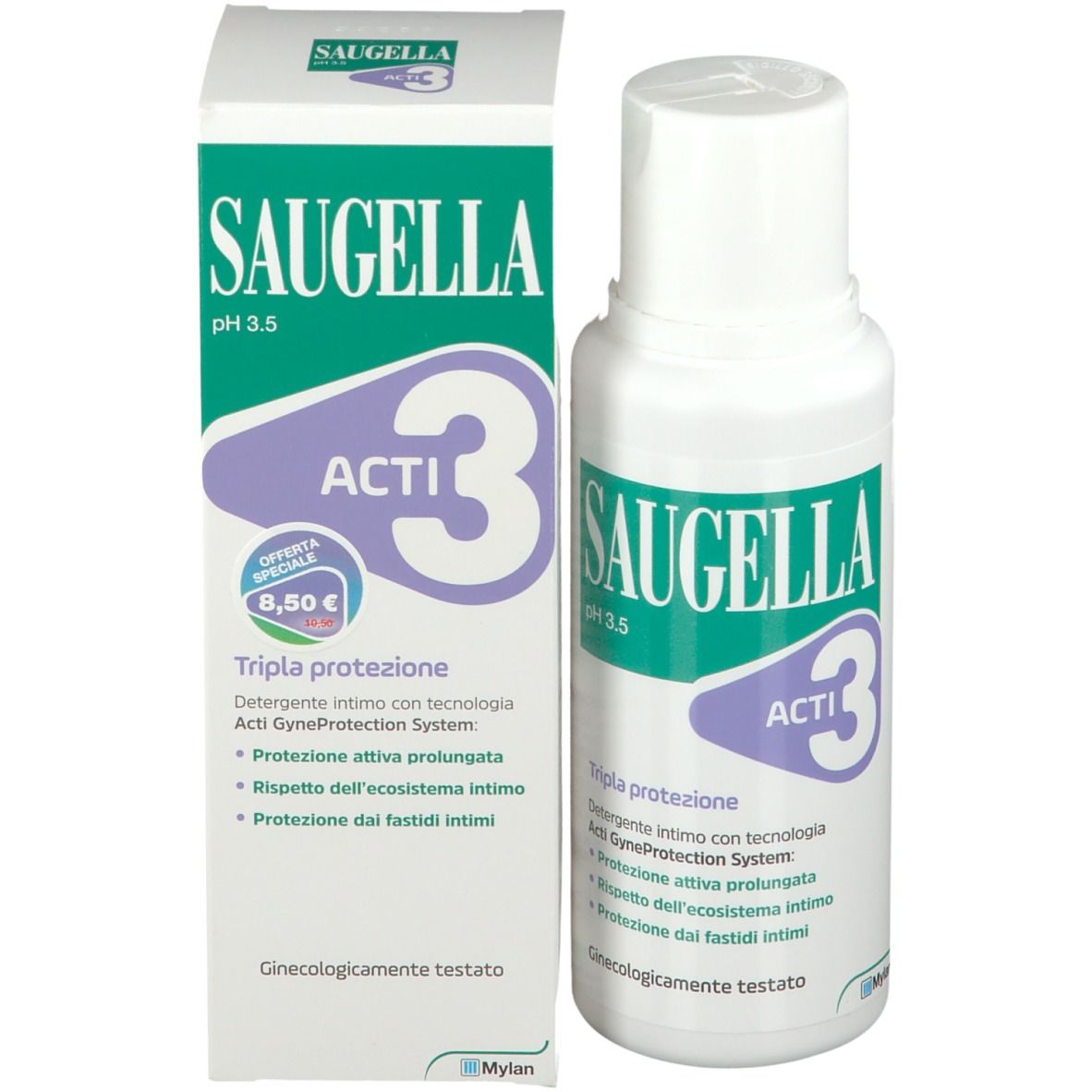 SAUGELLA ACTI 3 Flasche und Verpackung. Aufschrift: Tripla protezione. Angebot: 8,50 €.