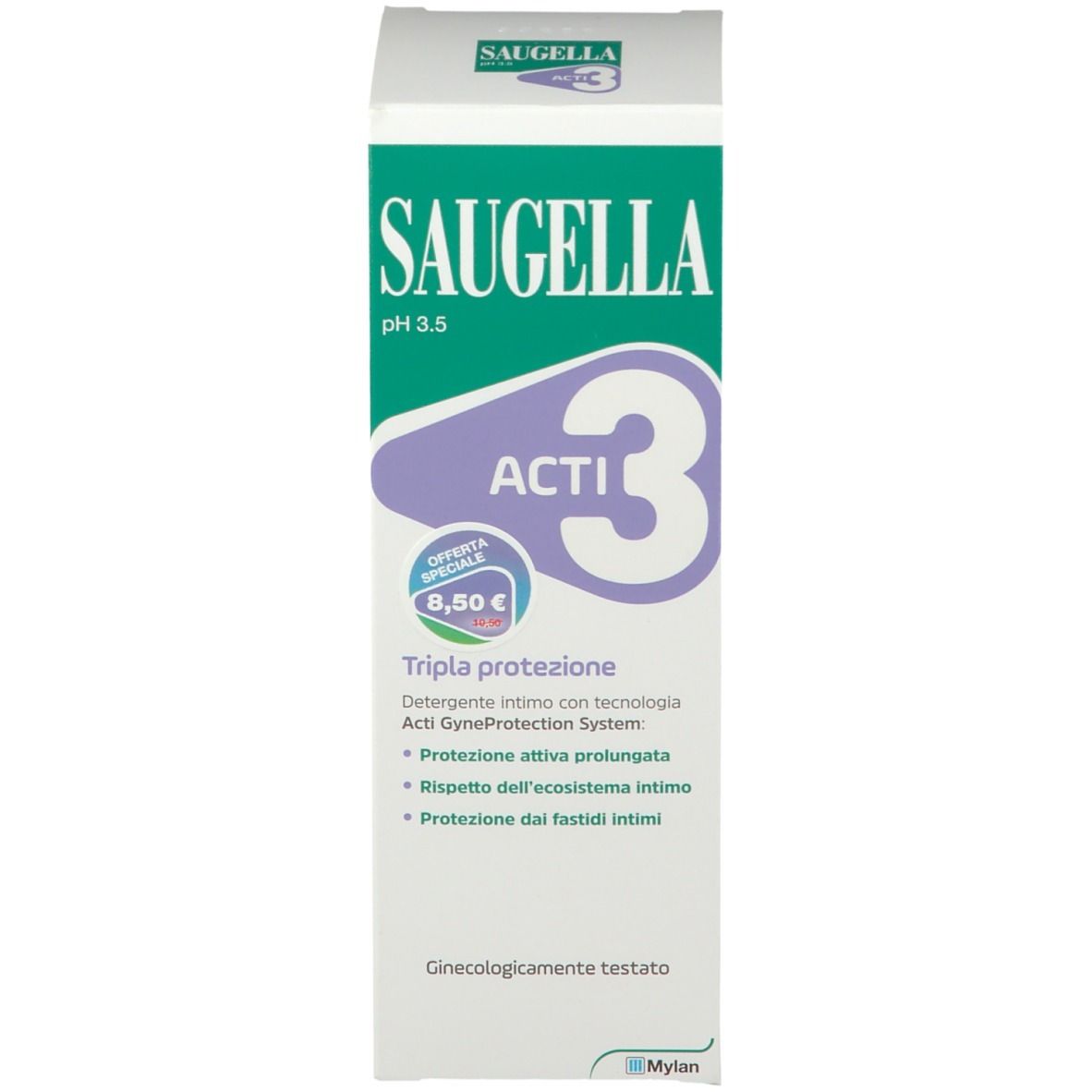 SAUGELLA ACTI 3 Verpackung. Aufschrift: Tripla protezione. Angebot: 8,50 €.
