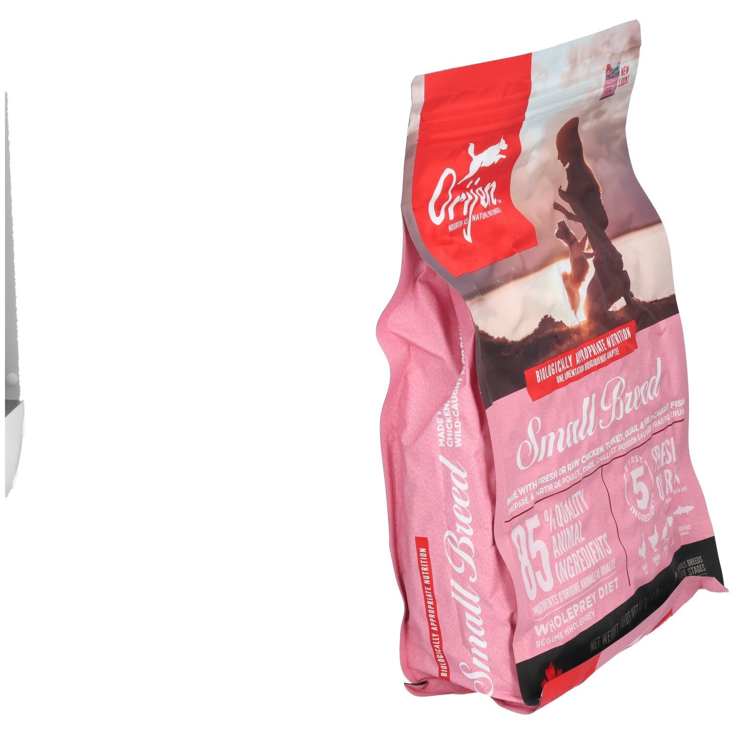 Rosa Verpackung mit "Orijen"-Logo und "Small Breed"-Schriftzug. Enthält 85% tierische Zutaten. Nettoinhalt: 1,8 kg.