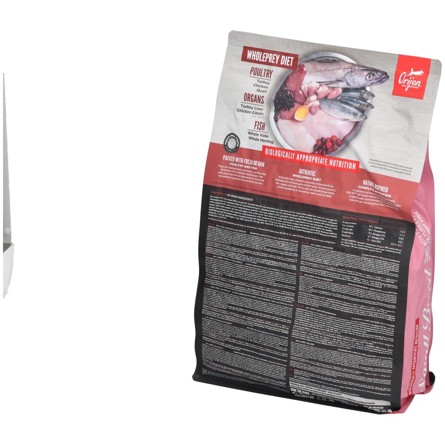 Rückseite der rosa Verpackung mit "Orijen"-Logo. Enthält Informationen über die Inhaltsstoffe und die "Wholeprey Diet".