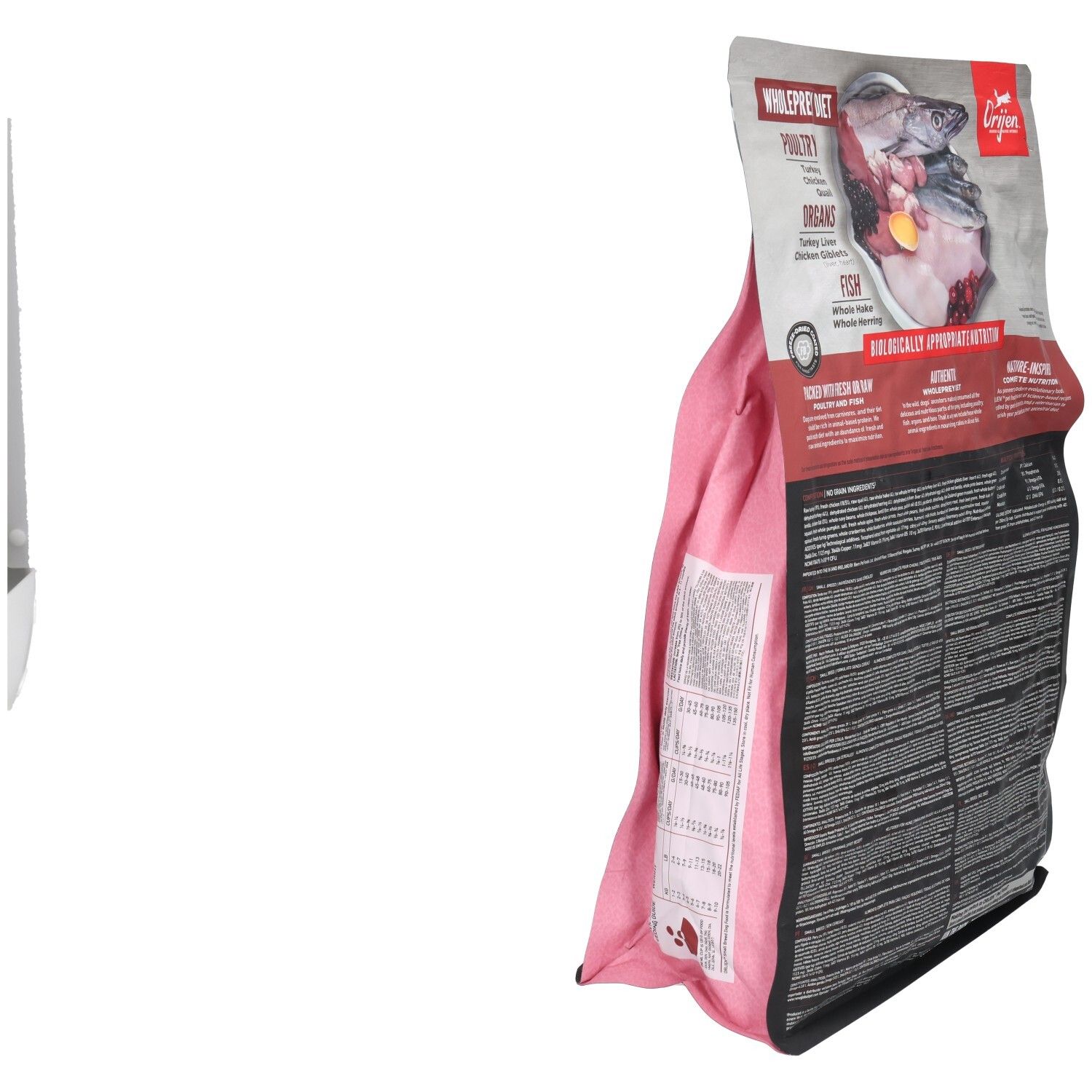 Rückseite der rosa Verpackung mit "Orijen"-Logo. Enthält Informationen über die Inhaltsstoffe und die "Wholeprey Diet".