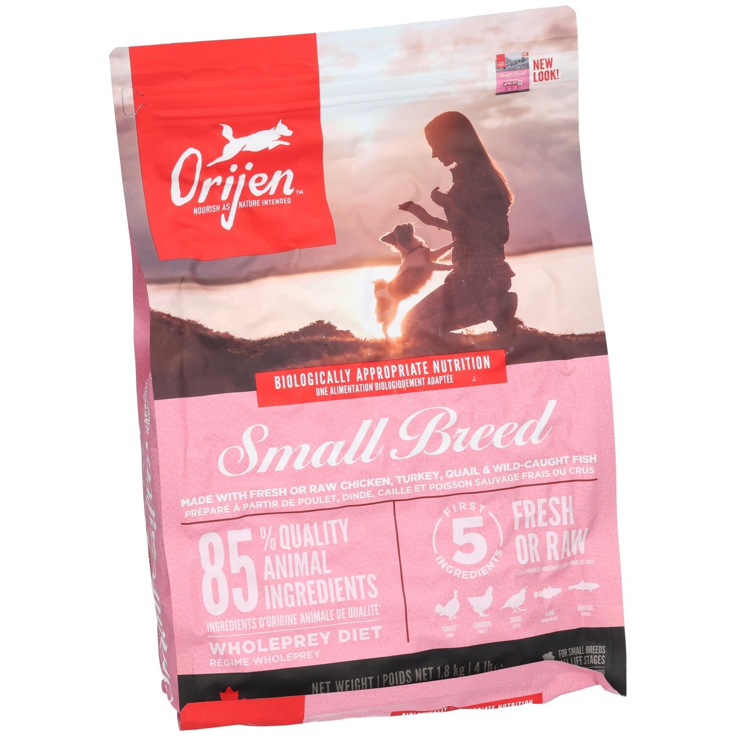 Rosa Verpackung mit "Orijen"-Logo und "Small Breed"-Schriftzug. Enthält 85% tierische Zutaten. Nettoinhalt: 1,8 kg.