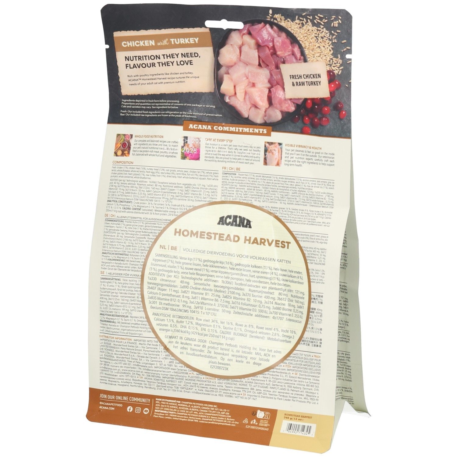Rückseite der Katzenfutterverpackung. Text: ACANA Homestead Harvest, Zutaten, Nährwertangaben, Abbildungen von Zutaten.