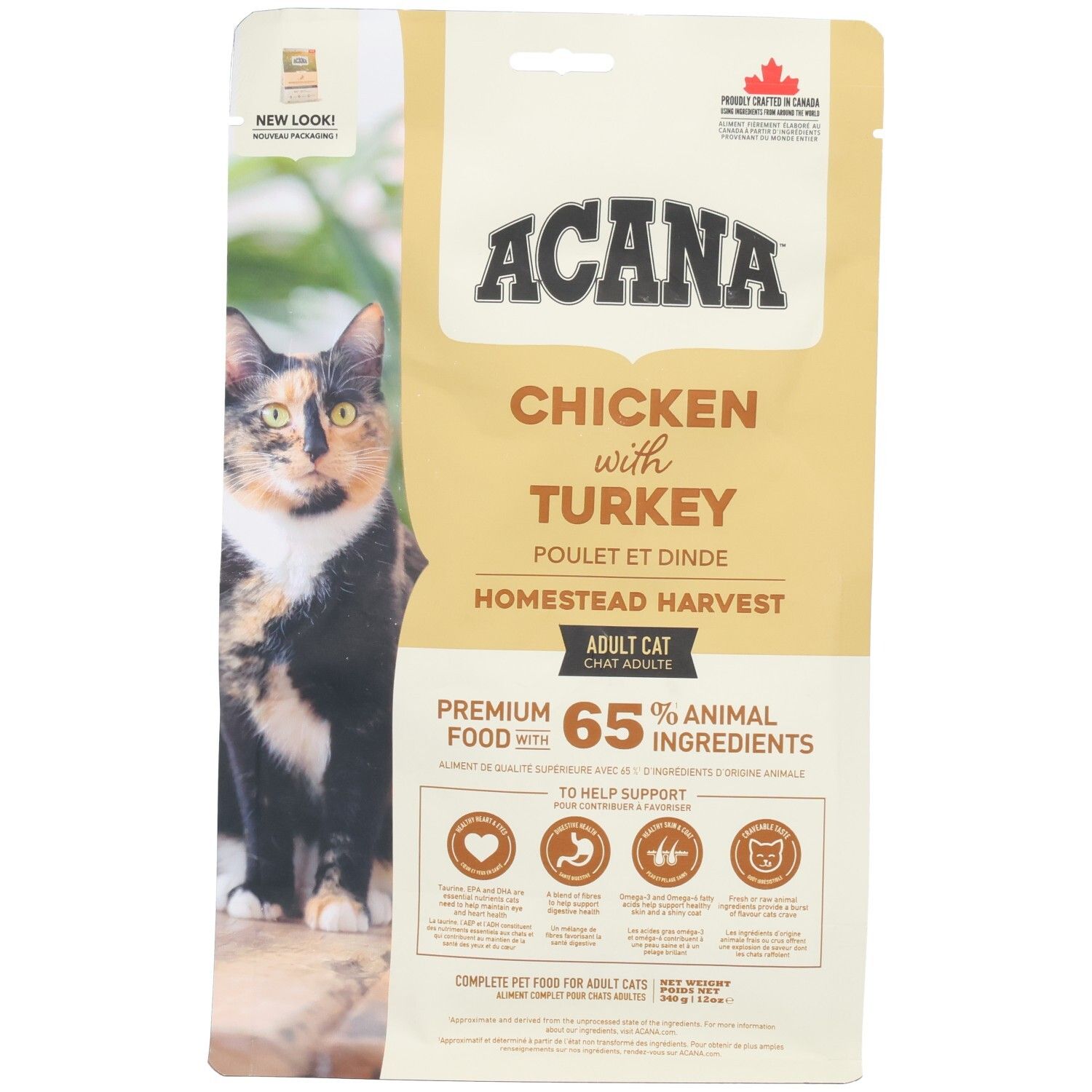 Sac de nourriture ACANA Homestead Harvest Adulte Chat Poulet et Dinde avec chat, nouveau look.