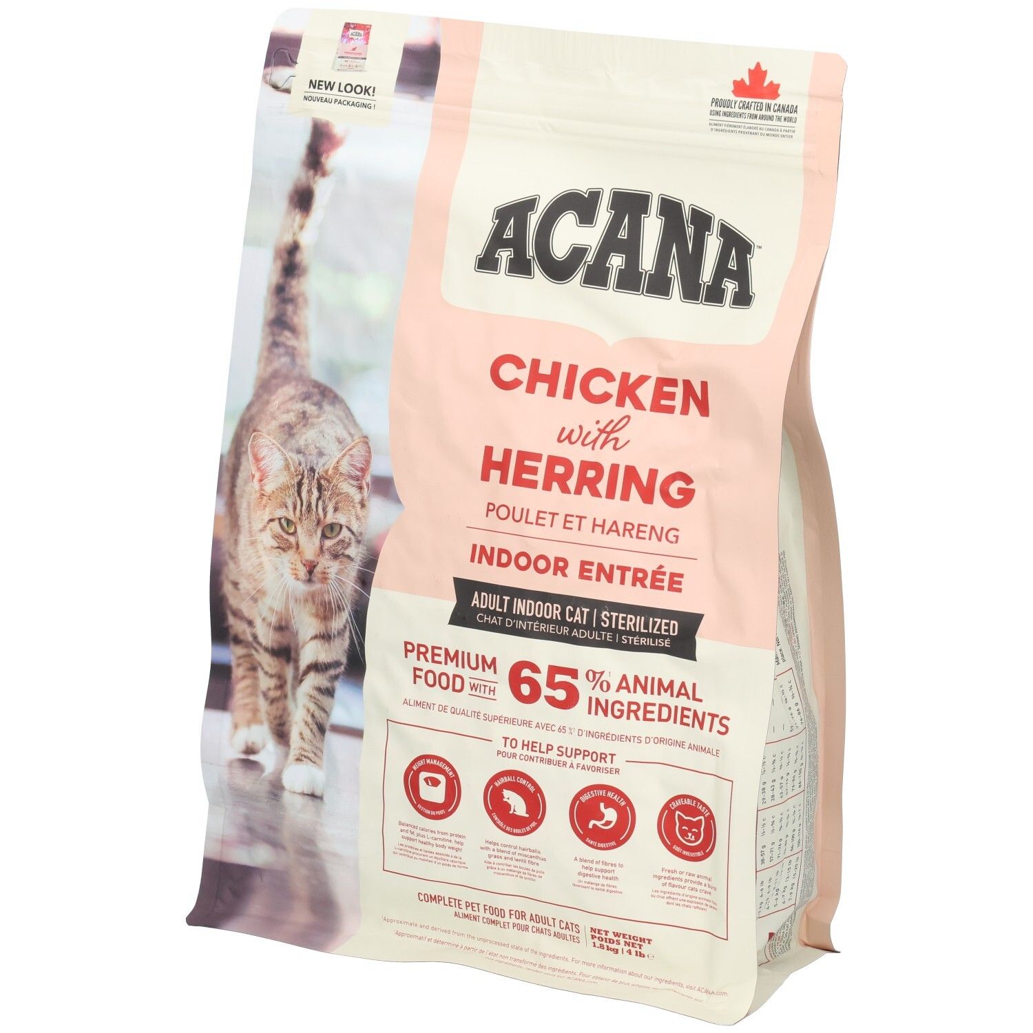Rosa-weiße Tüte mit Katzenfutter. Aufschrift: ACANA, Chicken with Herring, Indoor Entrée. Abbildung einer Katze. 65% tierische Zutaten.