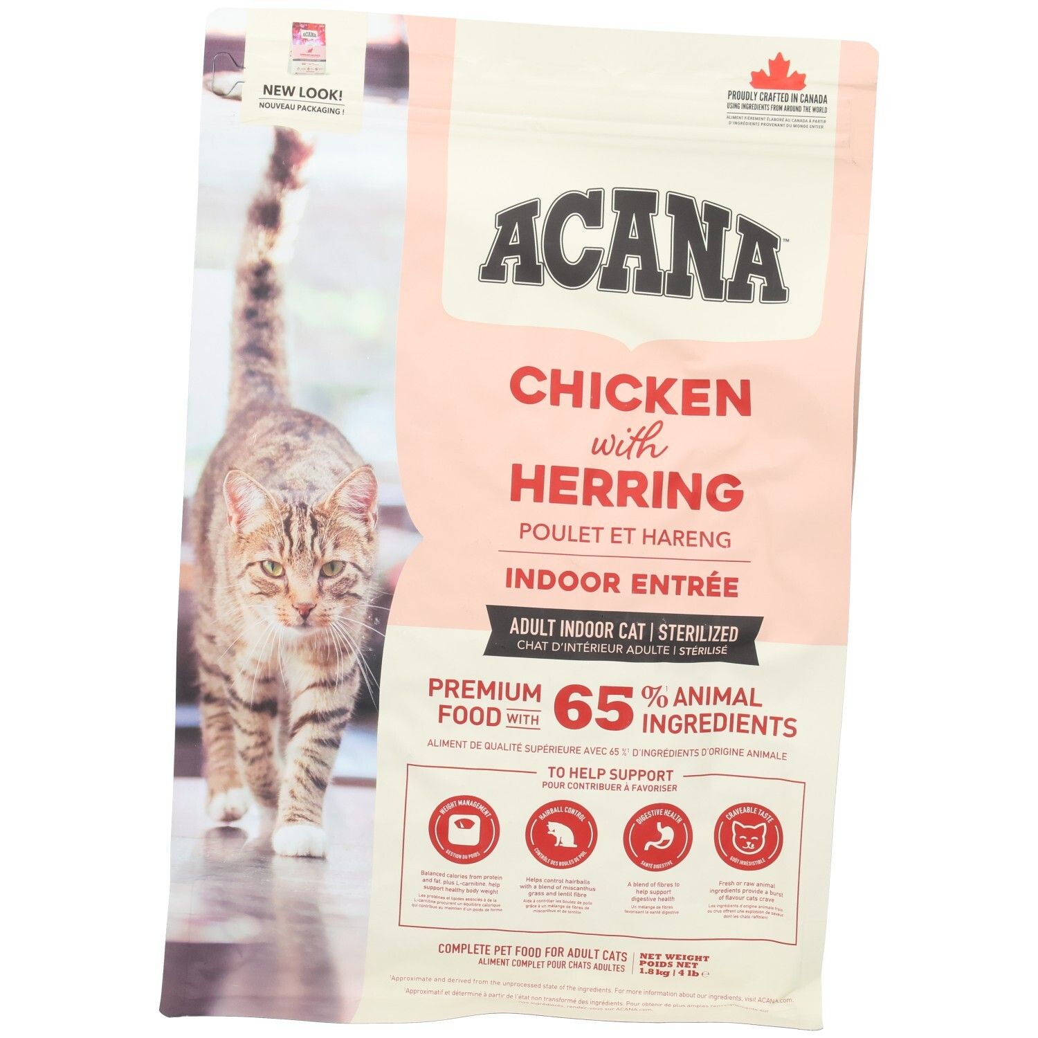 Rosa-weiße Tüte mit Katzenfutter. Aufschrift: ACANA, Chicken with Herring, Indoor Entrée. Abbildung einer Katze. 65% tierische Zutaten.