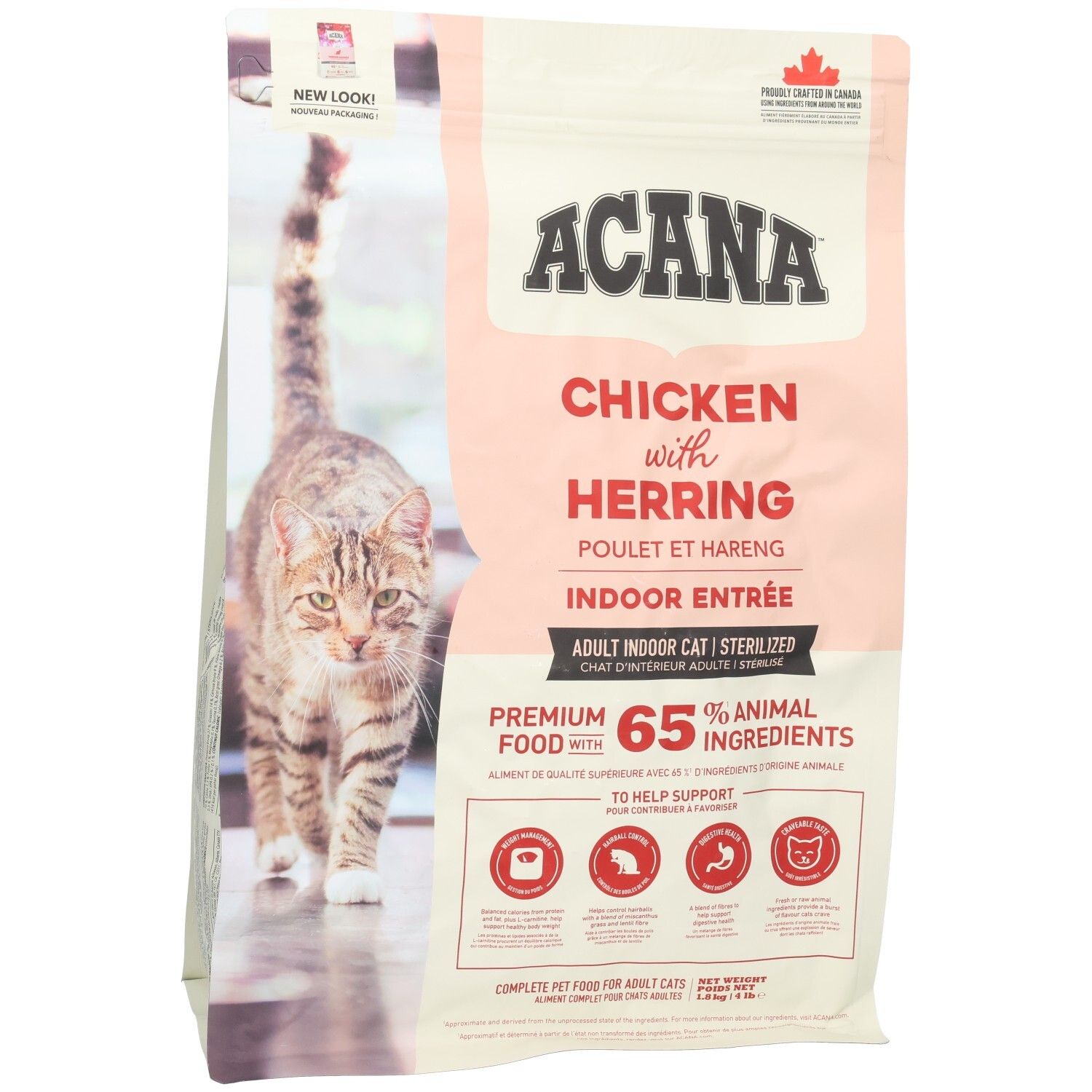 Rosa-weiße Tüte mit Katzenfutter. Aufschrift: ACANA, Chicken with Herring, Indoor Entrée. Abbildung einer Katze. 65% tierische Zutaten.