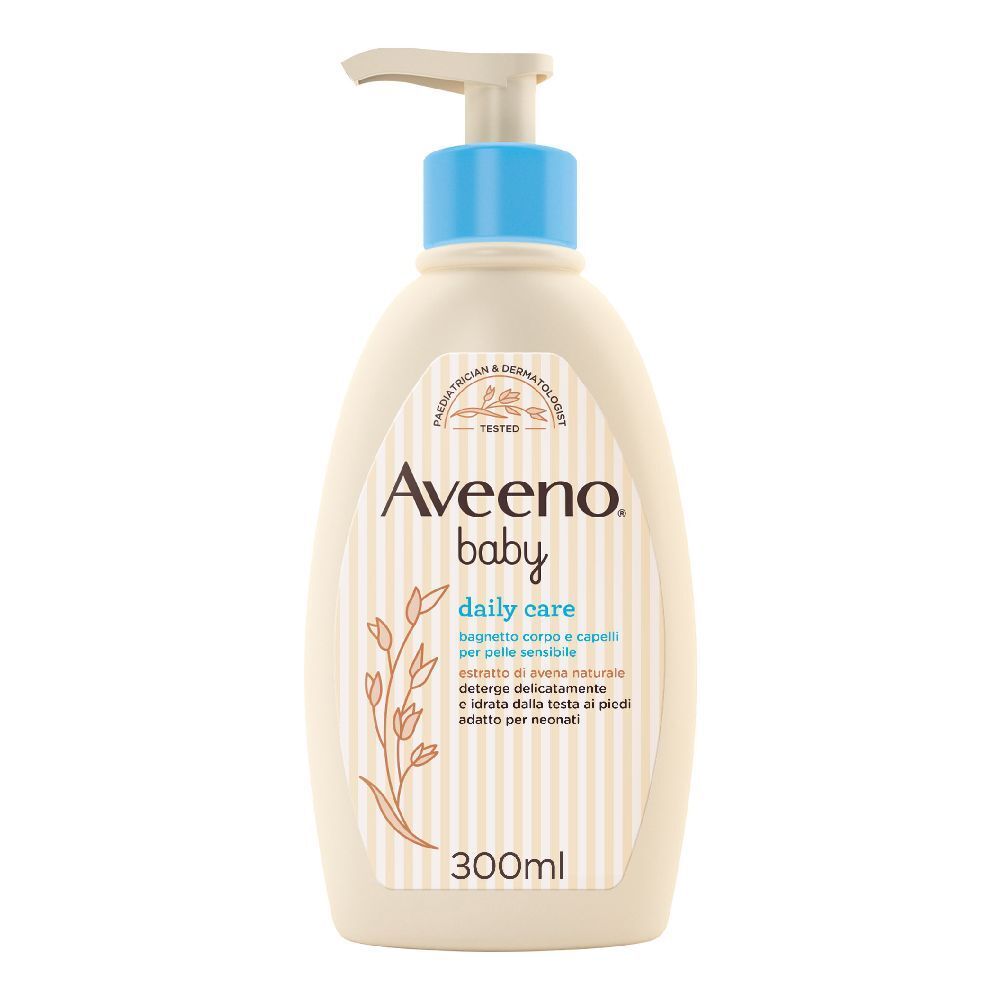 Flacon beige de soin quotidien pour bébé avec pompe bleue. Inscription: Aveeno Baby Daily Care. Contient 300ml.