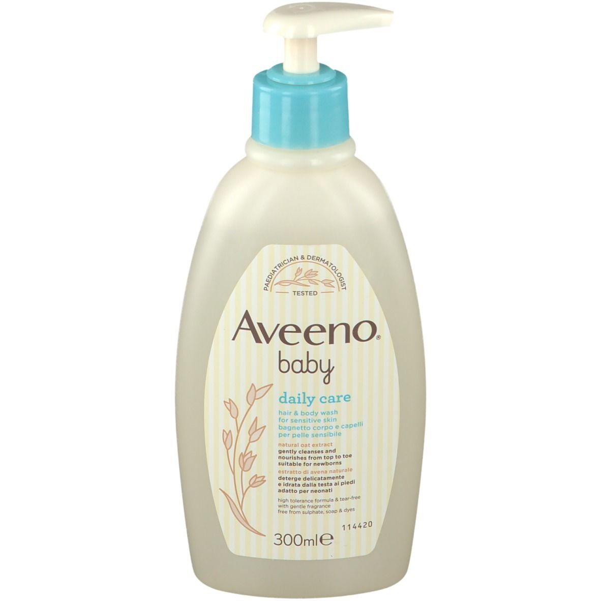 Flacon beige de soin quotidien pour bébé avec pompe bleue. Inscription: Aveeno Baby Daily Care. Contient 300ml.