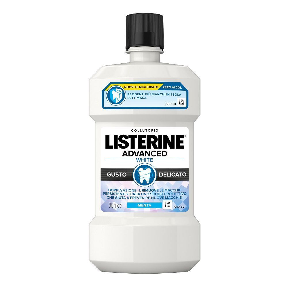 Flacon de bain de bouche blanc avec bouchon noir. Inscription : LISTERINE Advanced White. Texte en italien.