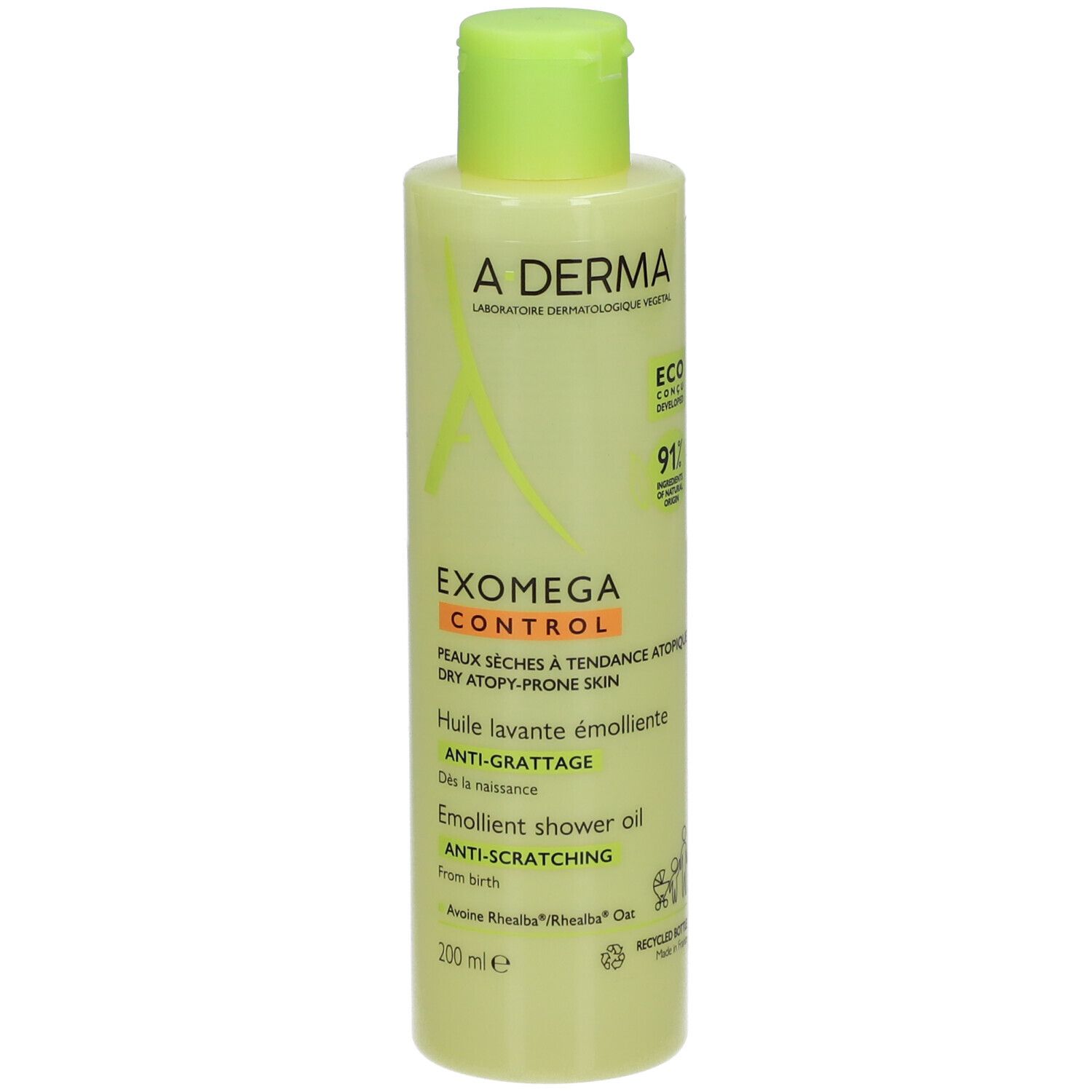 Flacon A-DERMA EXOMEGA CONTROL. Liquide vert-jaune, bouchon vert. Texte: EXOMEGA CONTROL, Anti-grattage, 200 ml.