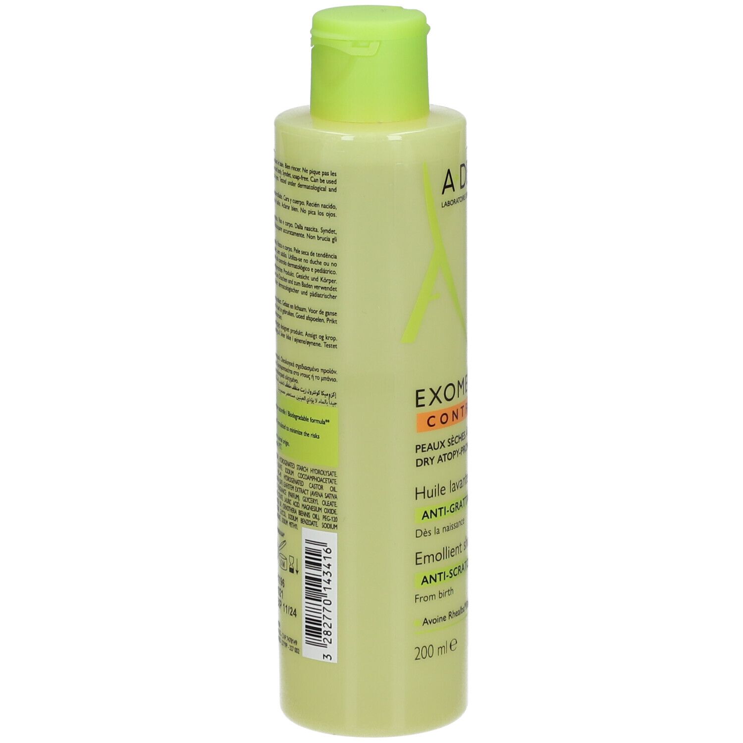 Flacon A-DERMA EXOMEGA CONTROL. Dos avec texte et code-barres. Bouchon vert. Texte: EXOMEGA CONTROL, Anti-grattage, 200 ml.