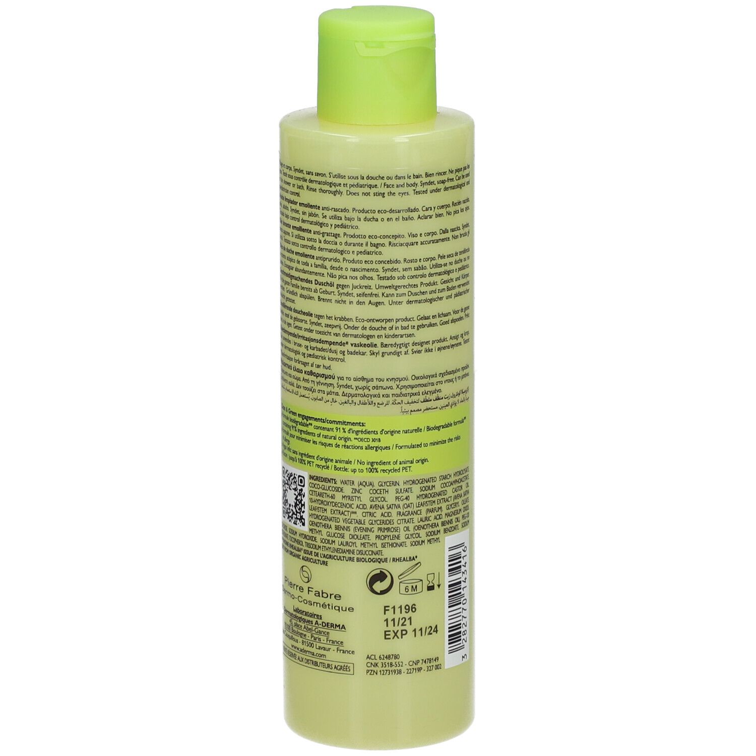 Flacon A-DERMA EXOMEGA CONTROL. Dos avec texte et QR code. Bouchon vert. Texte: EXOMEGA CONTROL, 200 ml, date de péremption.