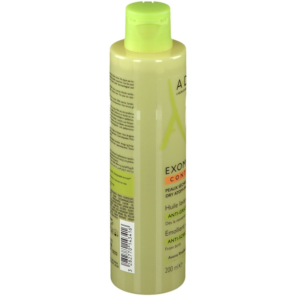 A-DERMA EXOMEGA CONTROL Reinigungsöl Flasche. Grün-gelbe Flüssigkeit, grüner Deckel. Text: EXOMEGA CONTROL, 91% Inhaltsstoffe natürlichen Ursprungs.