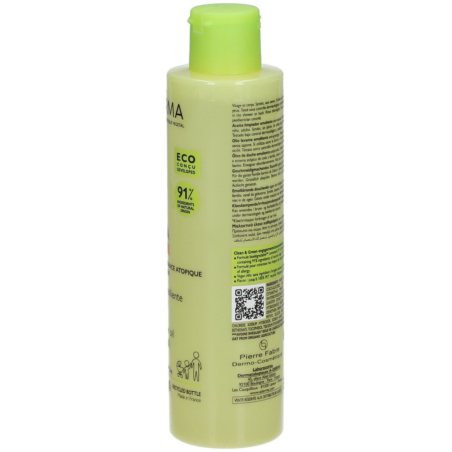 Flacon A-DERMA EXOMEGA CONTROL. Dos avec texte et QR code. Bouchon vert. Texte: EXOMEGA CONTROL, 91% ingrédients.
