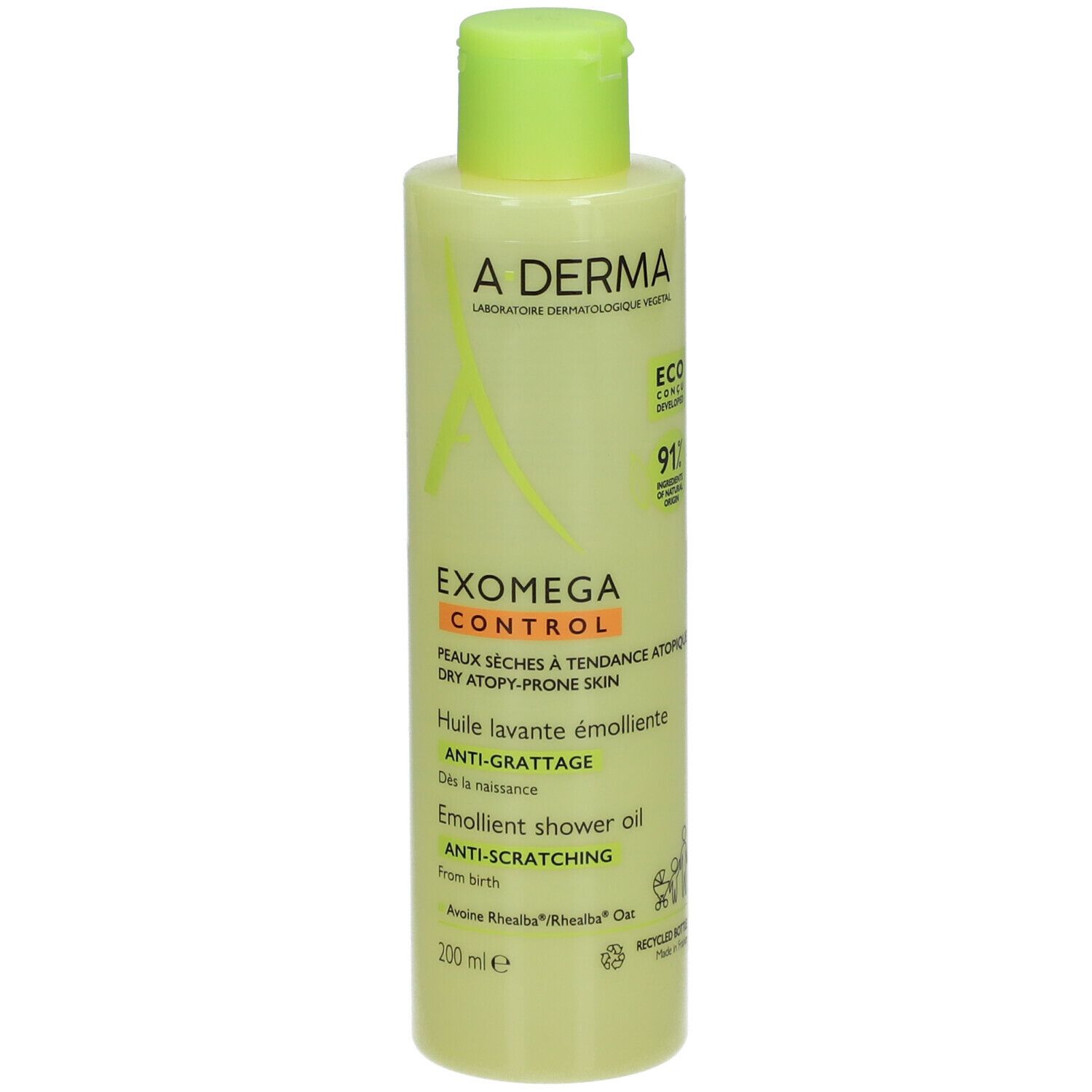 Flacon A-DERMA EXOMEGA CONTROL. Liquide vert-jaune, bouchon vert. Texte: EXOMEGA CONTROL, Anti-grattage, 91% ingrédients d'origine naturelle.