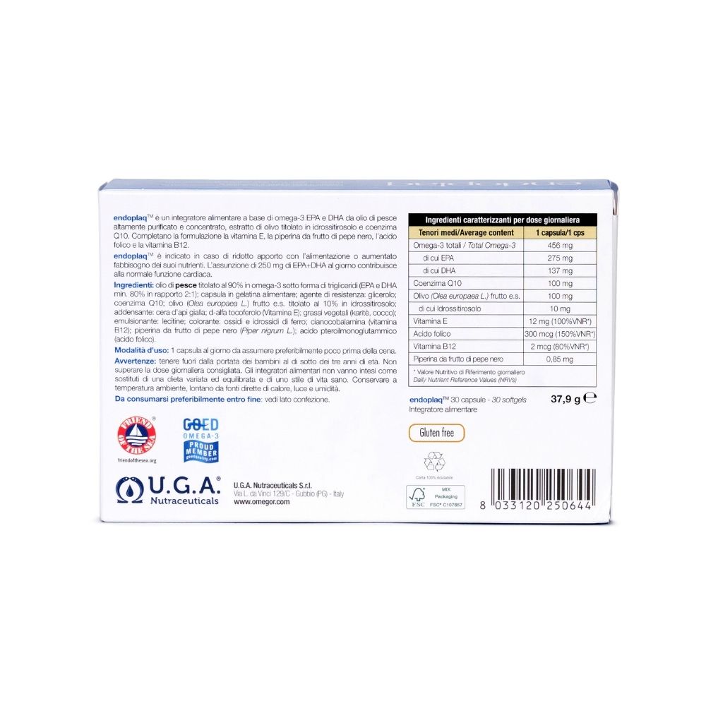 Rückseite der U.G.A. Endoplaq Verpackung mit Zutatenliste und Dosierung.