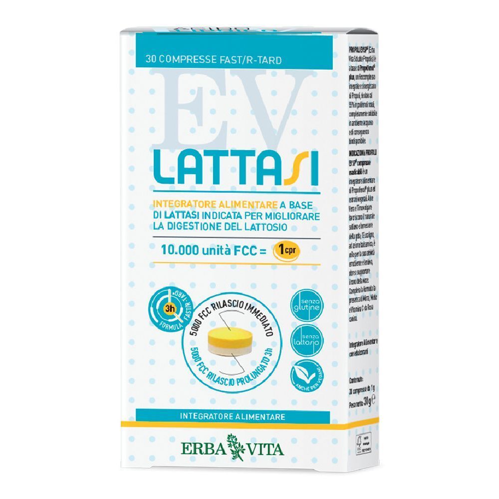 Boîte de LATTASI 30CPR. Inscription : 'Integratore alimentare'. Contient 10.000 unità FCC = 1 cpr. Sans gluten.