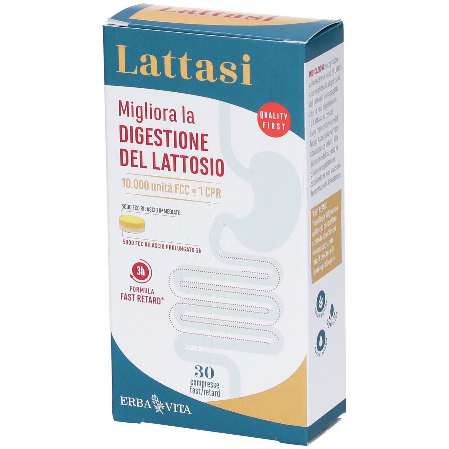Schachtel LATTASI. Aufschrift: 'Migliora la digestione del lattosio'. Enthält 30 Tabletten. Marke: Erba Vita.