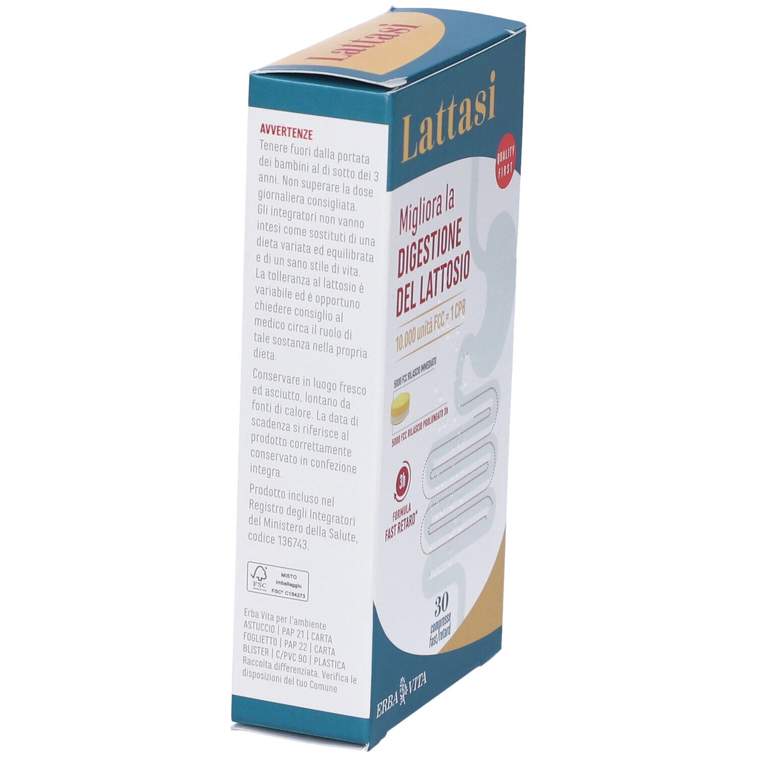 Schachtel LATTASI. Aufschrift: 'Migliora la digestione del lattosio'. Enthält 30 Tabletten. Marke: Erba Vita.