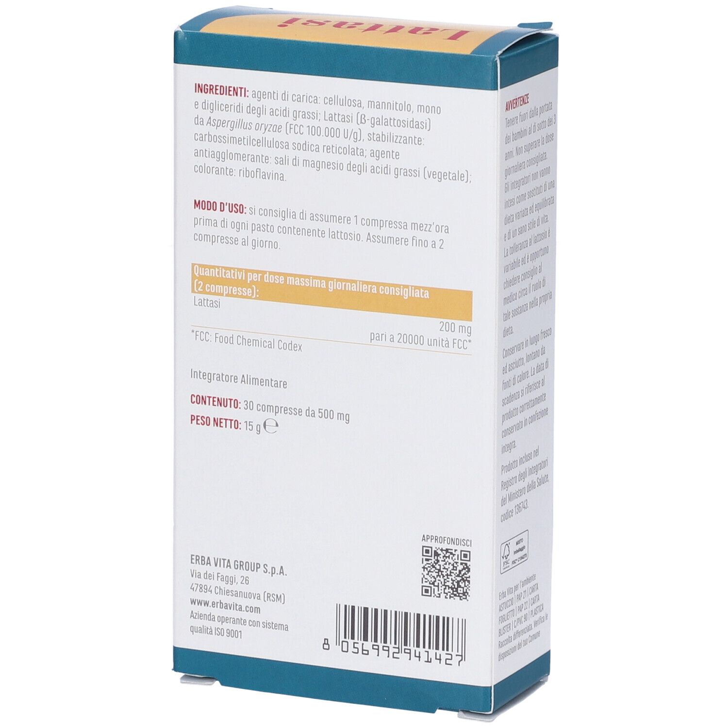 Rückseite der LATTASI-Schachtel. Enthält Informationen zu Inhaltsstoffen, Anwendung und Nährwertangaben. Marke: Erba Vita.